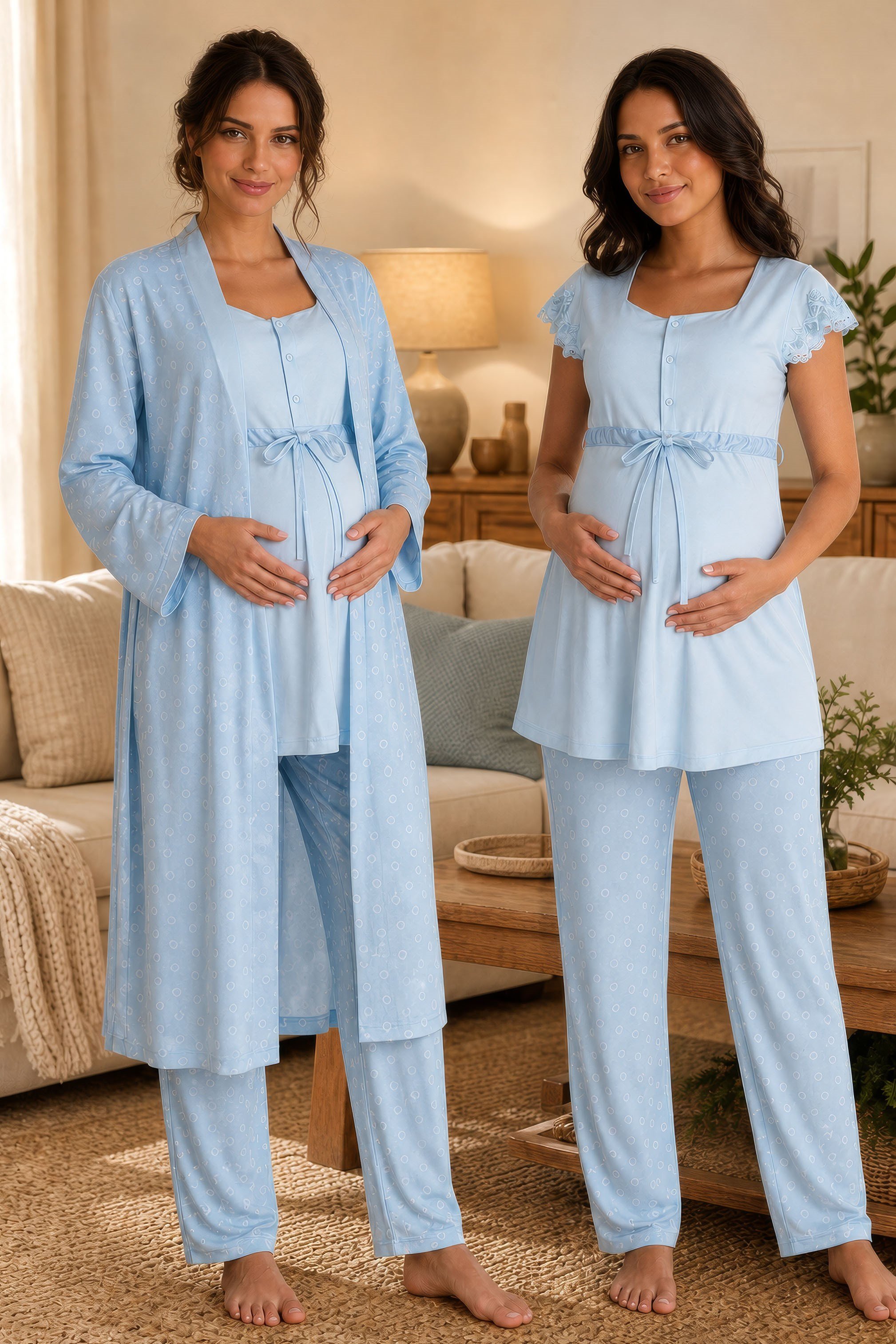 Effortt 6014 Mavi Desenli Sabahlıklı Hamile Lohusa Emzirme Pijama Takımı
