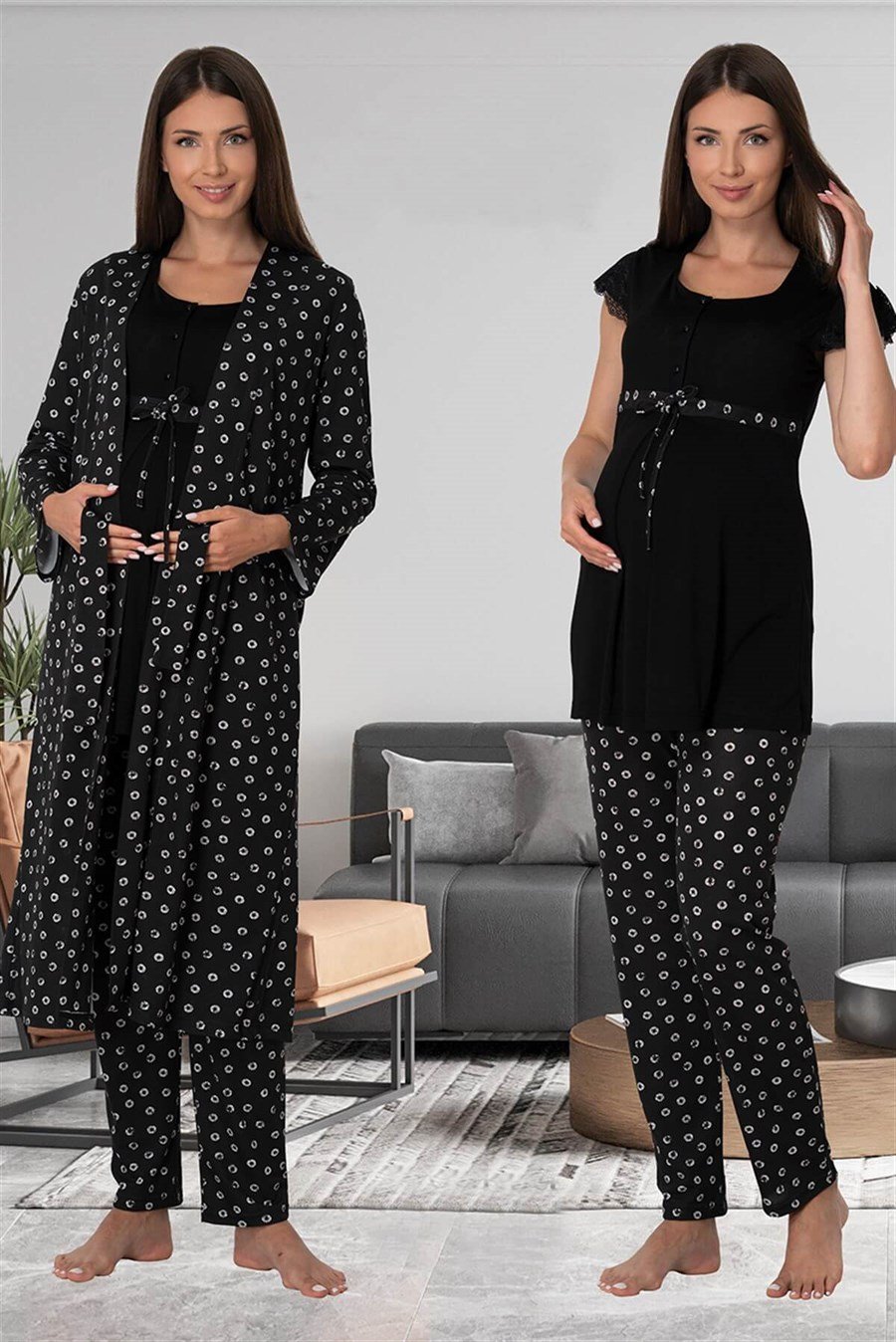 Effortt 6014 Siyah Sabahlıklı Lohusa Pijama Takımı