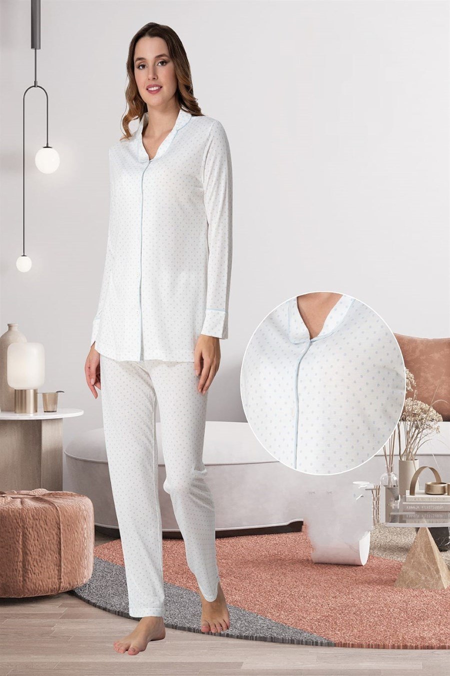 Effortt 6018 Mavi Önden Düğmeli Kadın Pijama Takımı