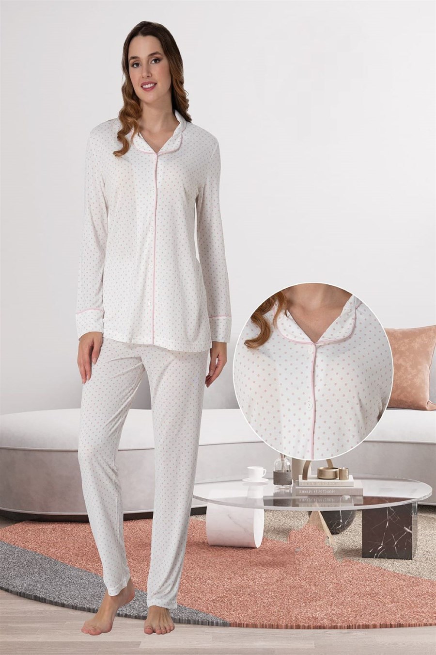 Effortt 6018 Pembe Önden Düğmeli Kadın Pijama Takımı