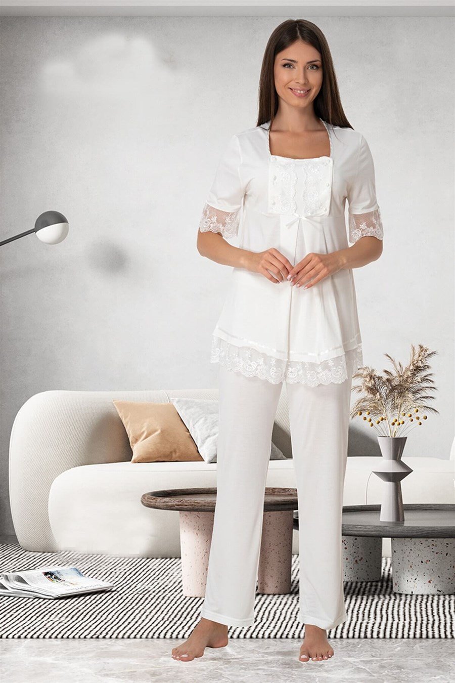 Effortt 6032 Ekru Dantelli Lohusa Pijama Takımı