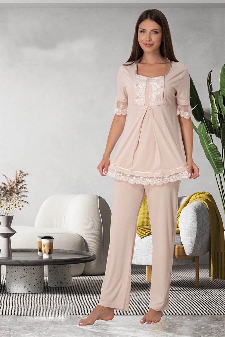 Effortt 6032 Kahverengi Dantelli Lohusa Pijama Takımı