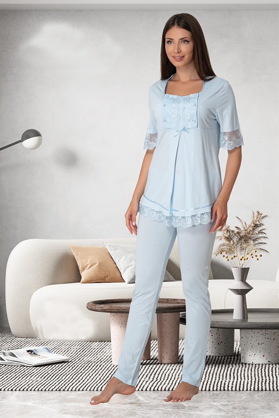 Effortt 6032 Mavi Dantelli Lohusa Pijama Takımı