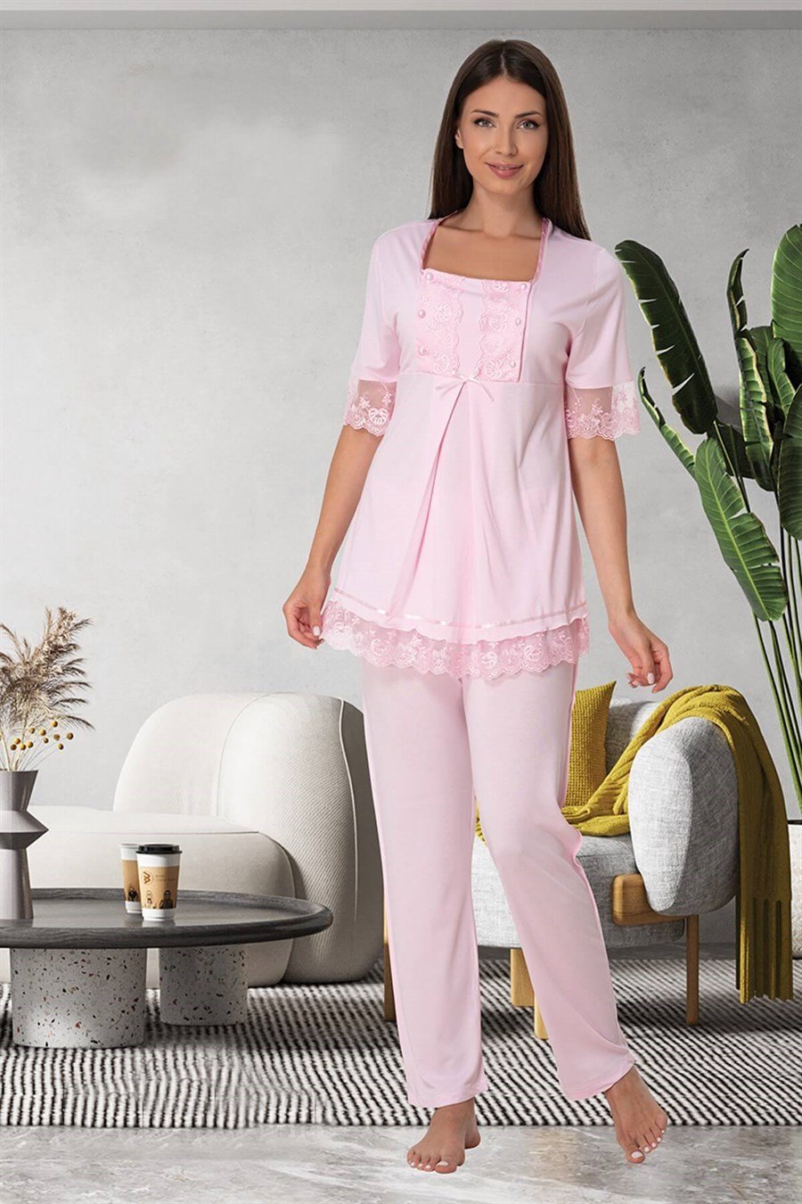 Effortt 6032 Pembe Dantelli Lohusa Pijama Takımı