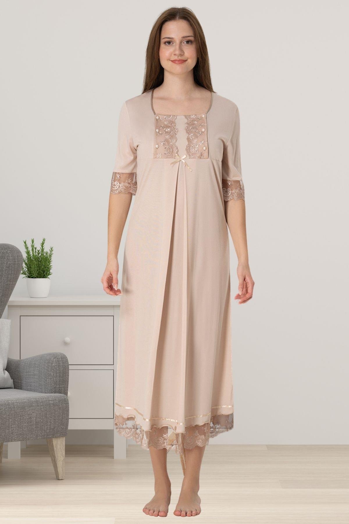 Effortt 6033 Kahverengi Dantelli Kısa Kol Hamile Lohusa Gecelik