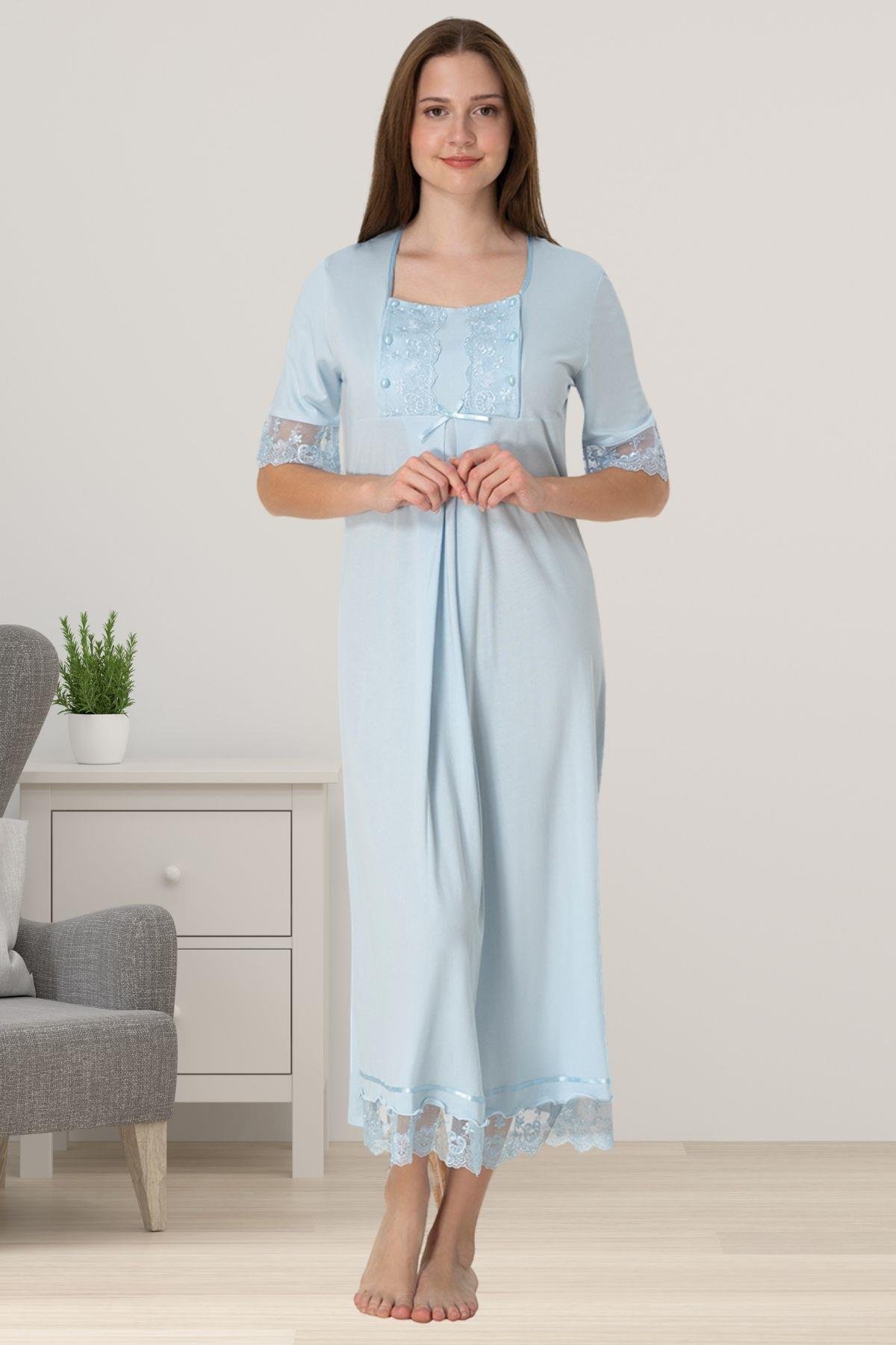 Effortt 6033 Mavi Dantelli Kısa Kol Hamile Lohusa Gecelik