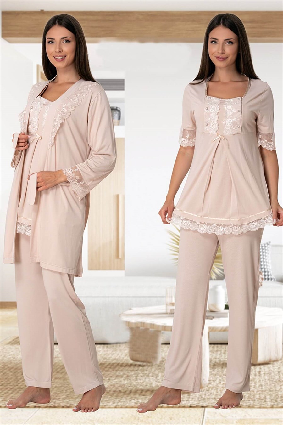 Effortt 6034 Kahverengi Sabahlıklı Lohusa Pijama Takımı