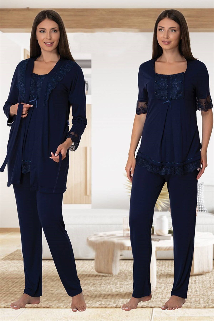 Effortt 6034 Lacivert Sabahlıklı Lohusa Pijama Takımı