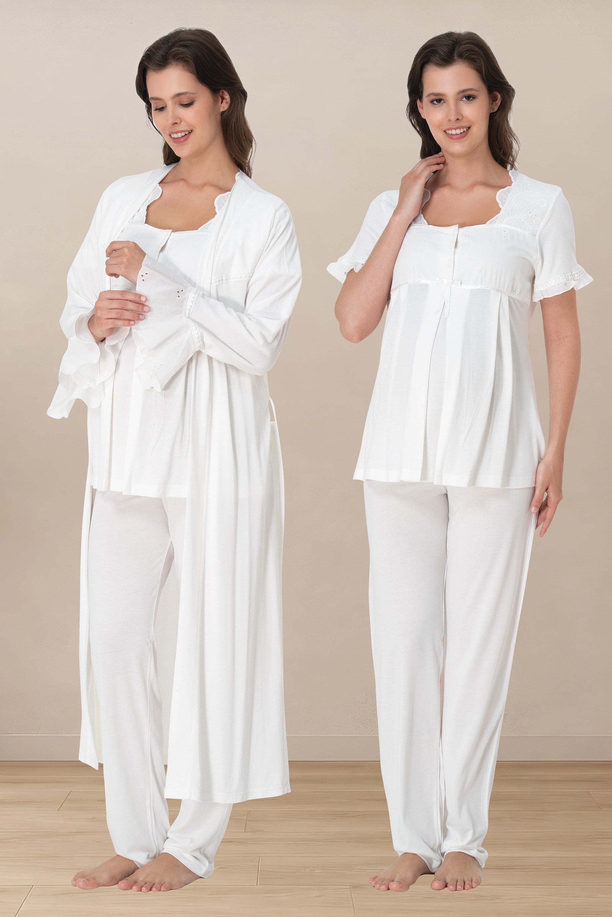 Effortt 7024 Ekru Ayarlanabilir Bel Lastikli Kısa Kol Sabahlıklı Hamile Lohusa Pijama Takımı