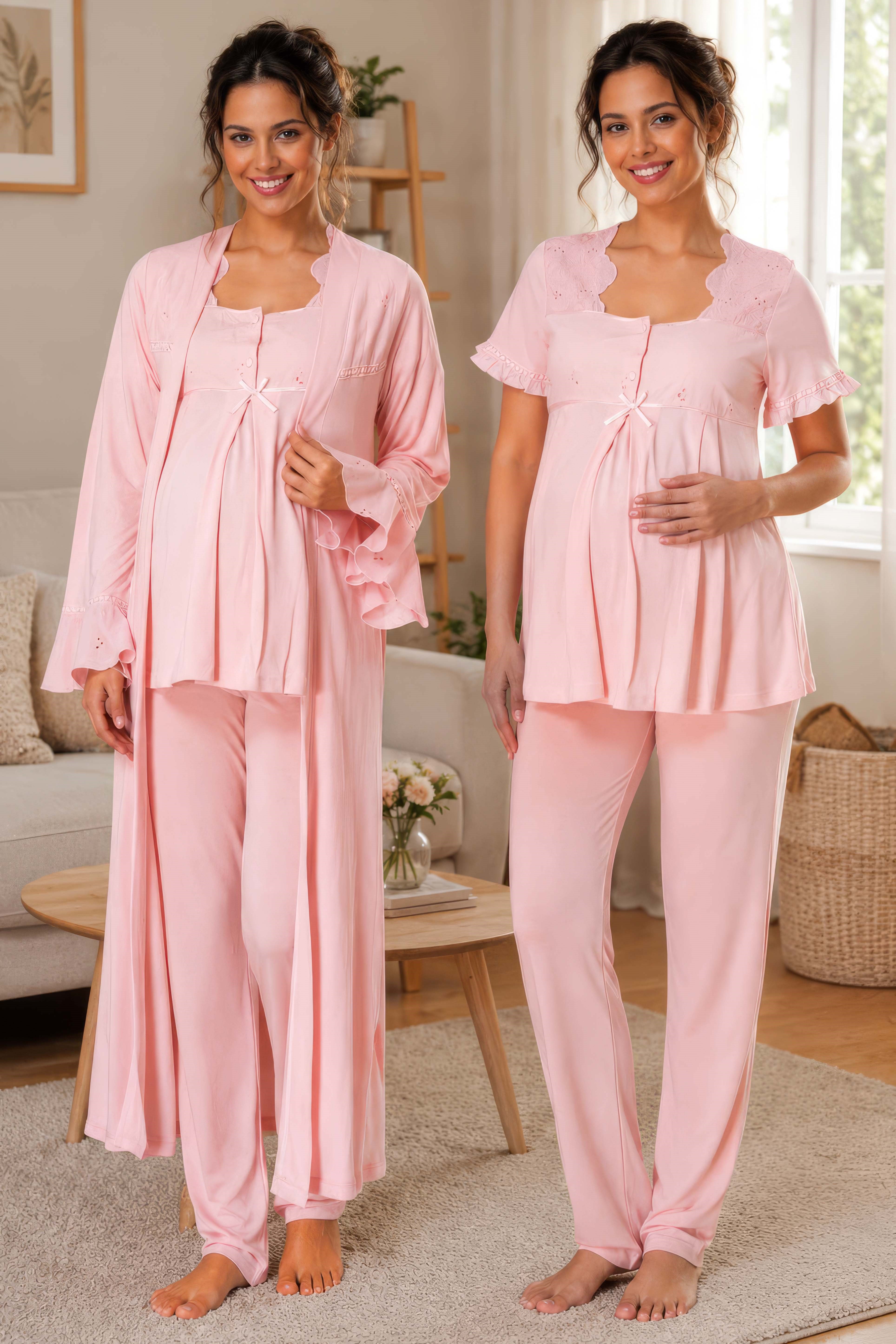 Effortt 7024 Pudra Ayarlanabilir Bel Lastikli Kısa Kol Sabahlıklı Hamile Lohusa Pijama Takımı