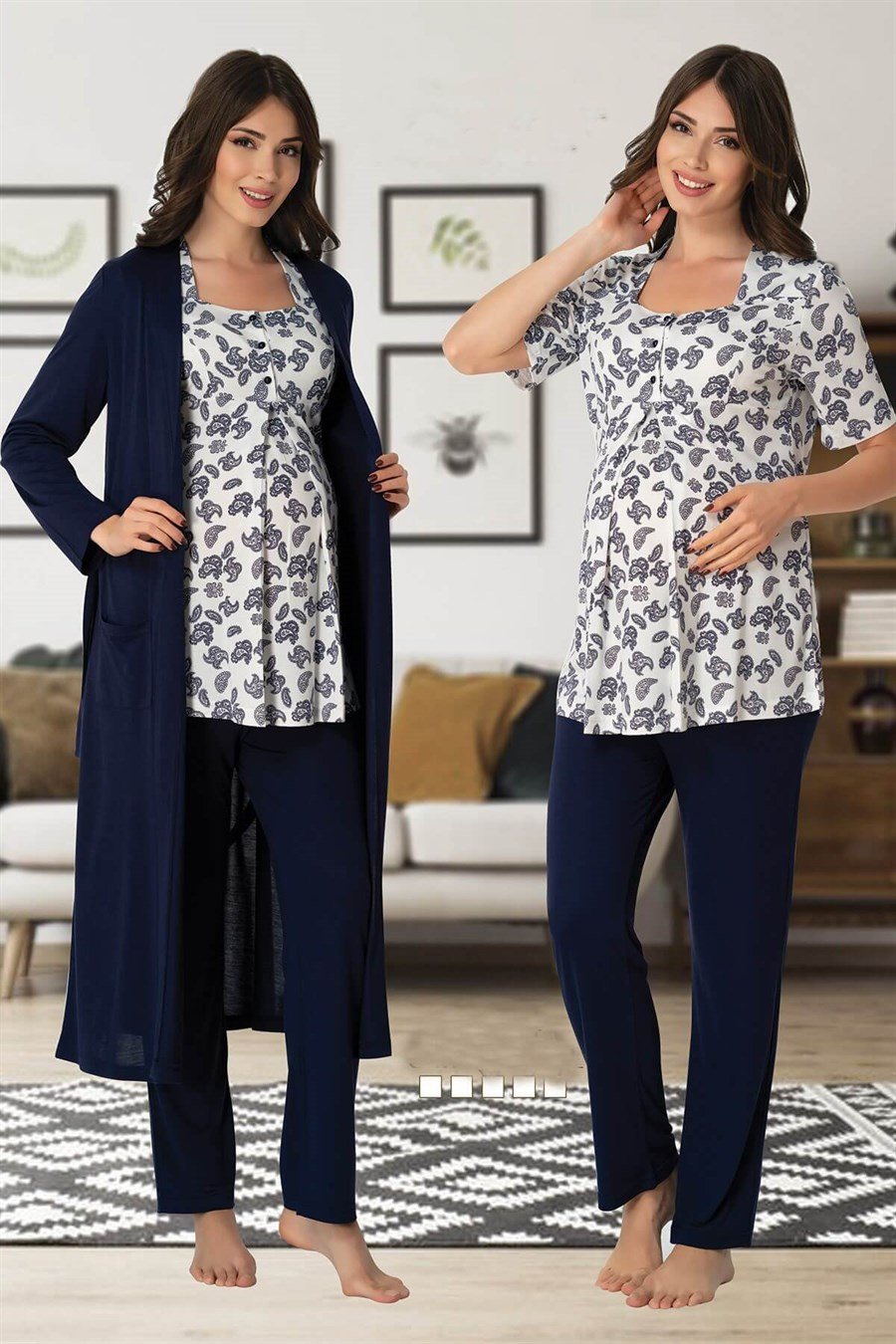 Effortt 8014 Lacivert Sabahlıklı Lohusa Pijama Takımı