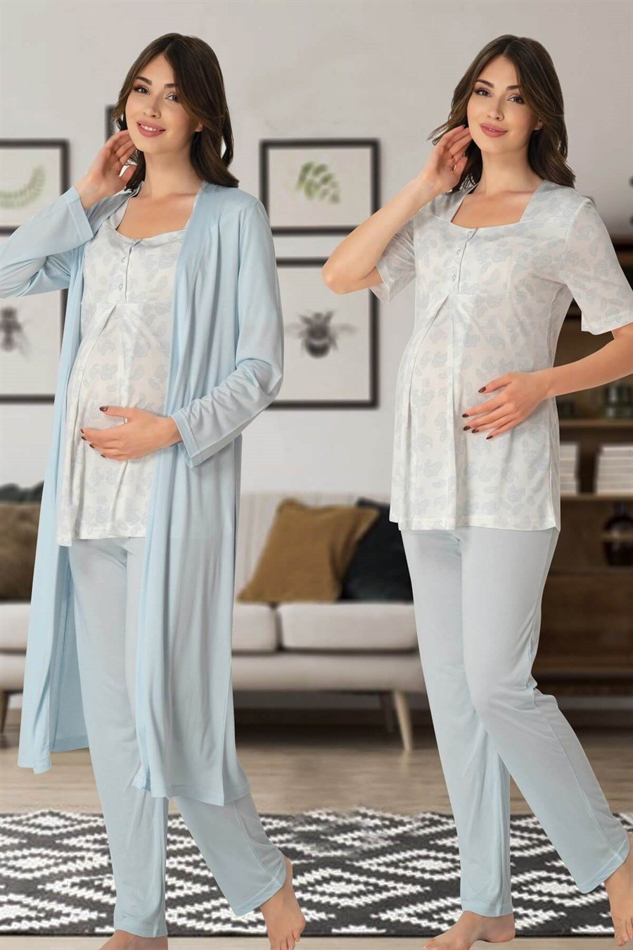 Effortt 8014 Mavi Sabahlıklı Lohusa Pijama Takımı