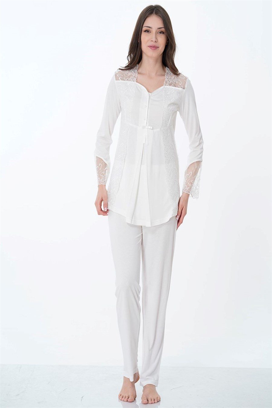 Effortt 8018 Ekru Dantelli Hamile Lohusa Pijama Takımı
