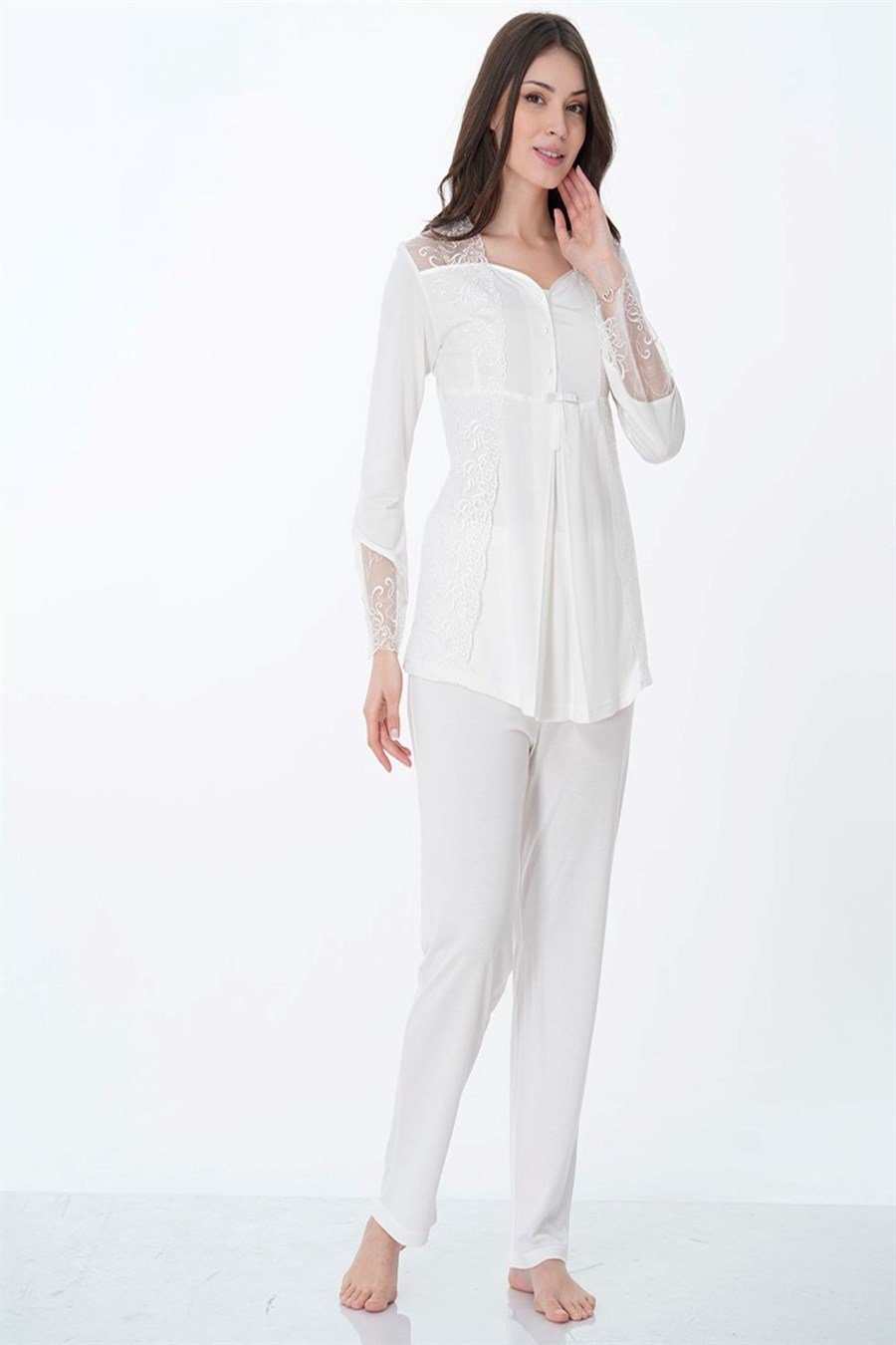 Effortt 8018 Ekru Dantelli Hamile Lohusa Pijama Takımı