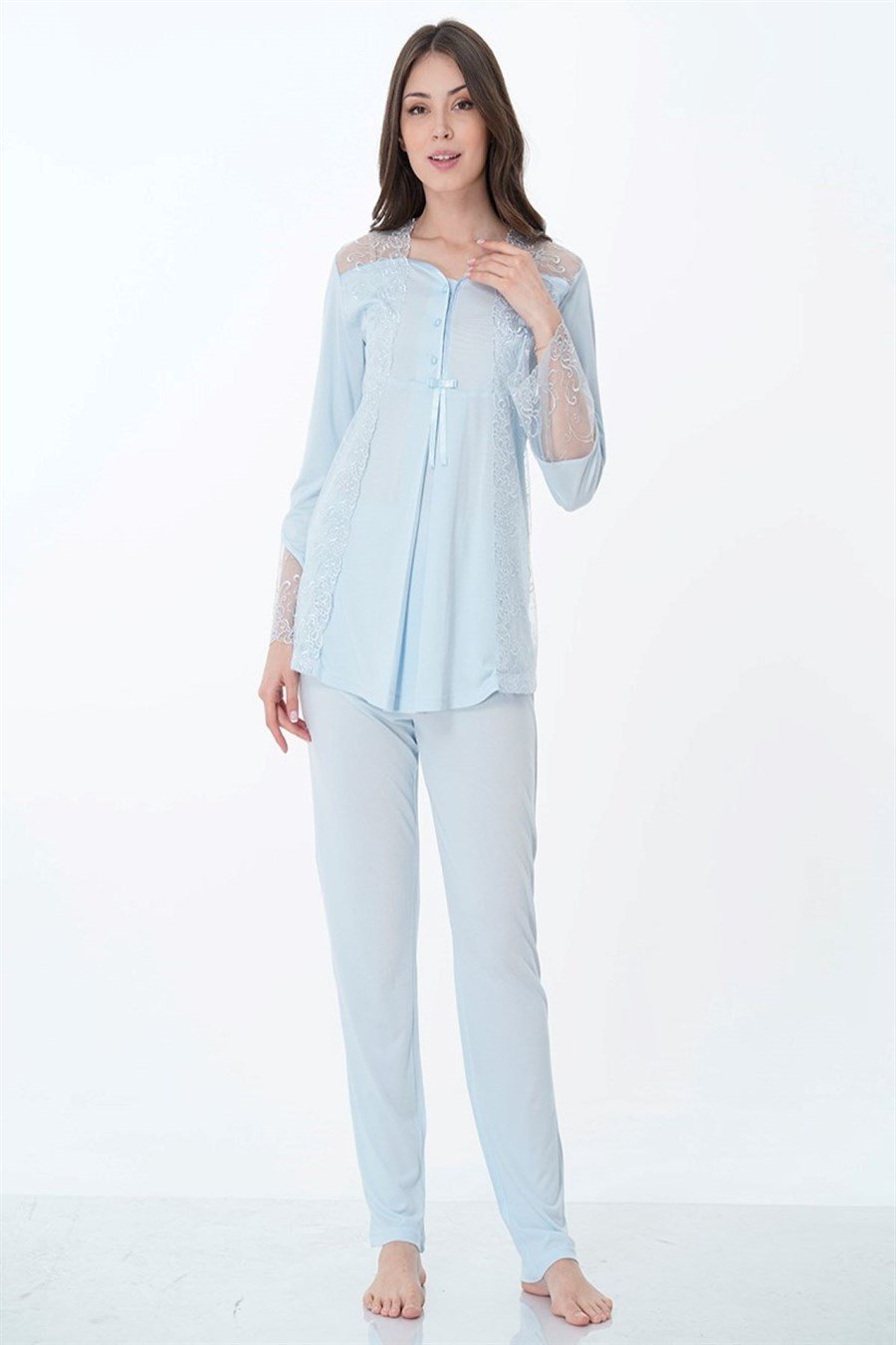 Effortt 8018 Mavi Dantelli Hamile Lohusa Pijama Takımı