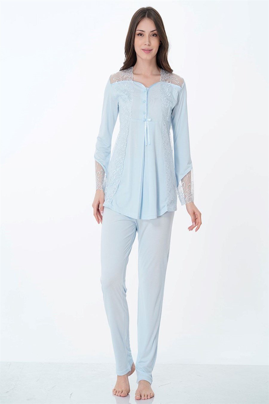 Effortt 8018 Mavi Dantelli Hamile Lohusa Pijama Takımı