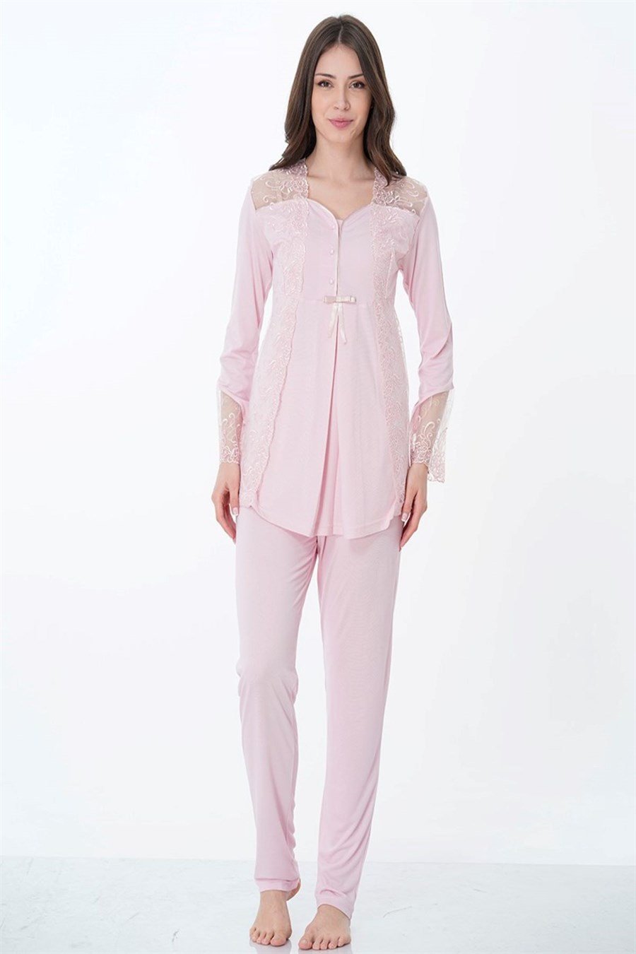 Effortt 8018 Pembe Dantelli Hamile Lohusa Pijama Takımı