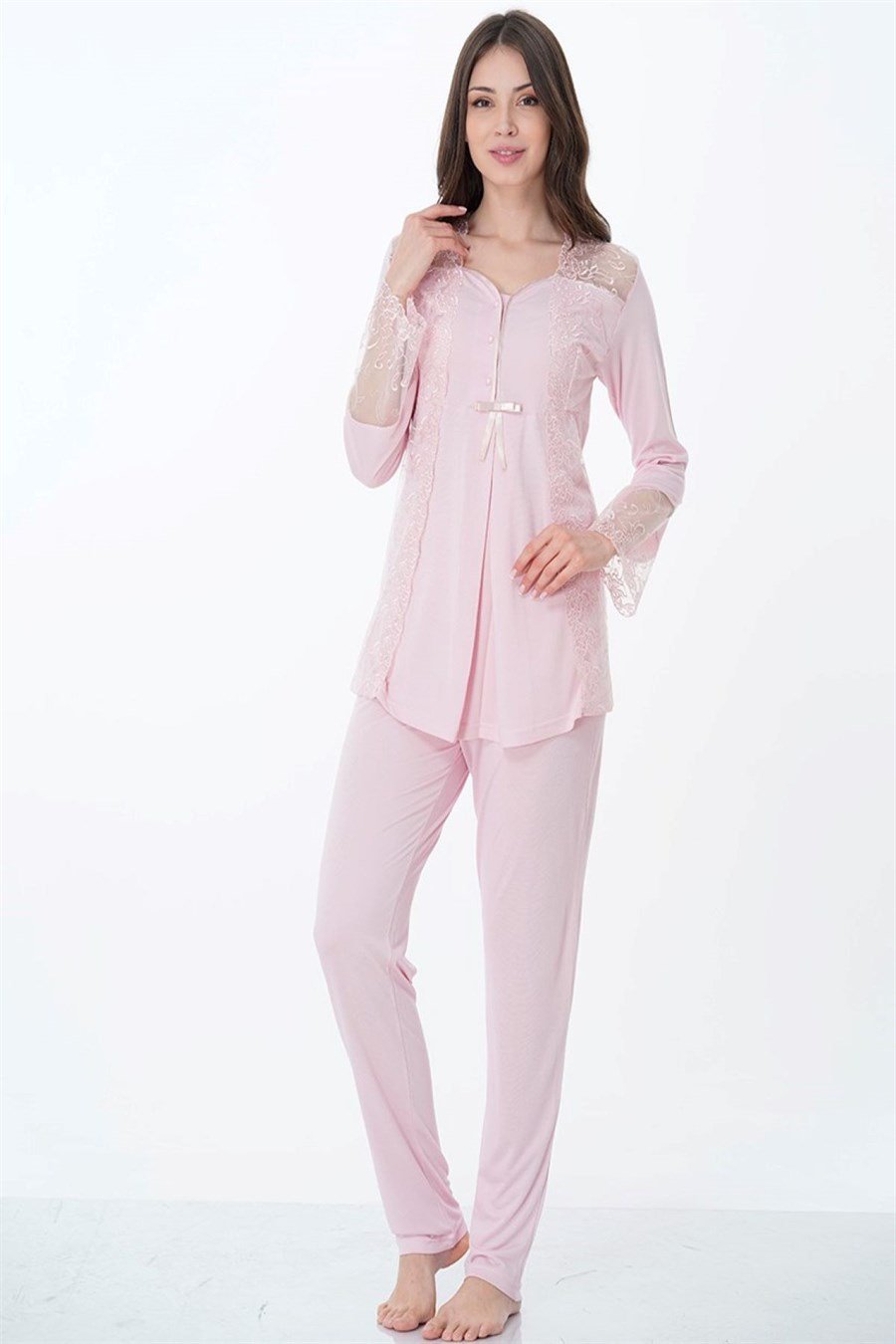 Effortt 8018 Pembe Dantelli Hamile Lohusa Pijama Takımı