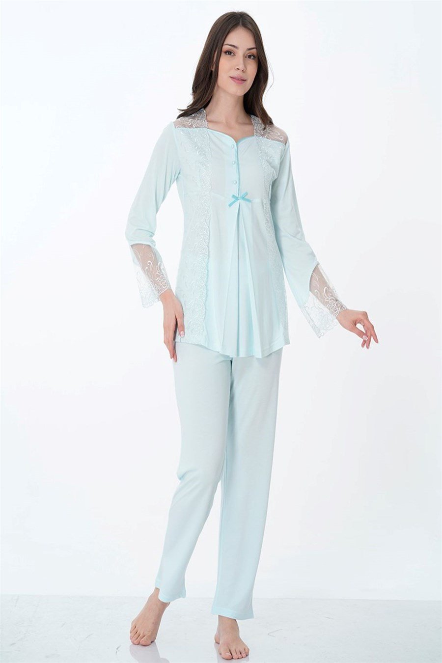 Effortt 8018 Turkuaz Dantelli Hamile Lohusa Pijama Takımı
