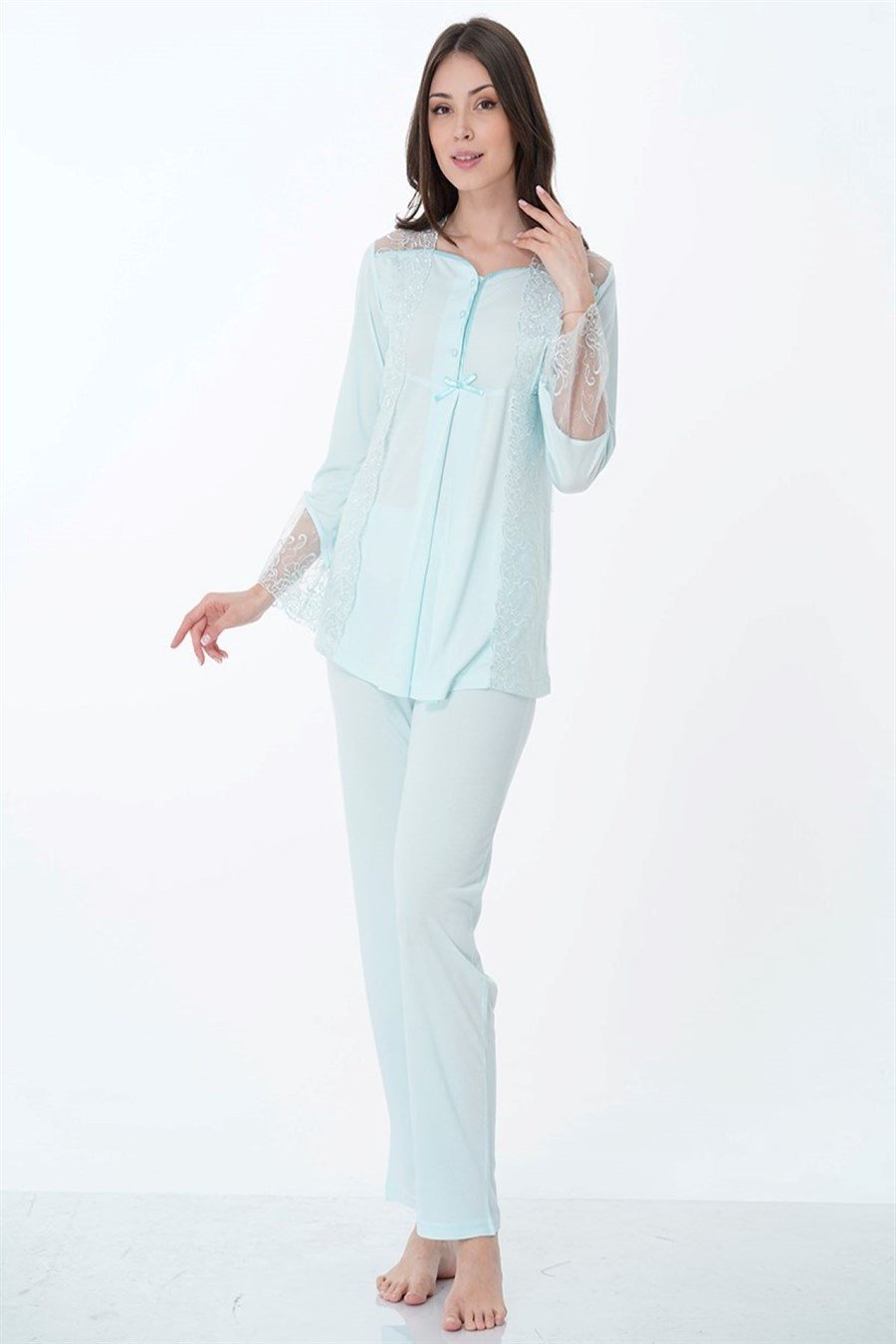 Effortt 8018 Turkuaz Dantelli Hamile Lohusa Pijama Takımı