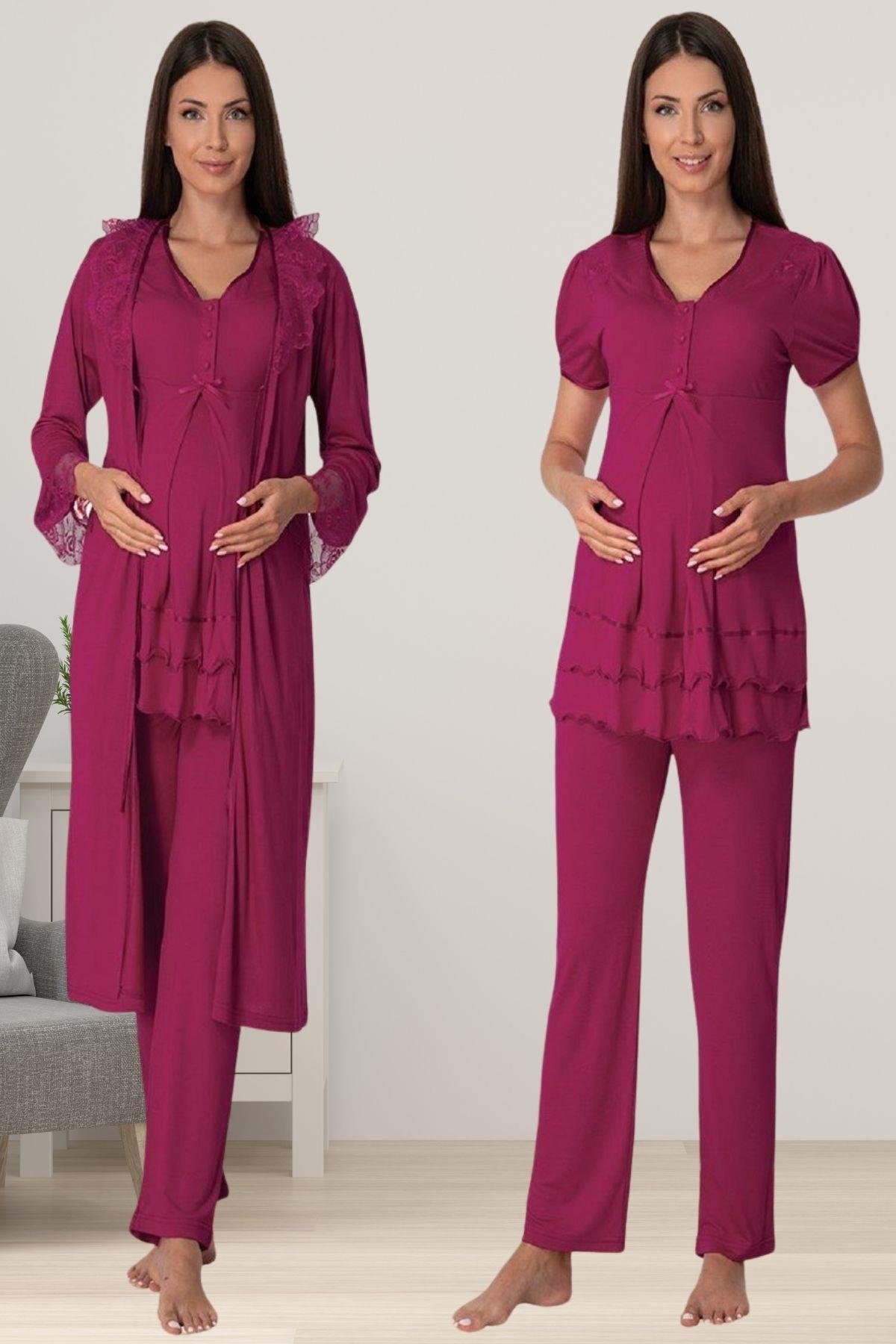 Effortt 8024 Vişne Sabahlıklı Lohusa Pijama Takımı