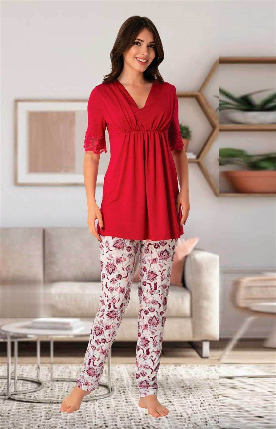 Effortt 8028 Vişne V Yaka Lohusa Pijama Takımı