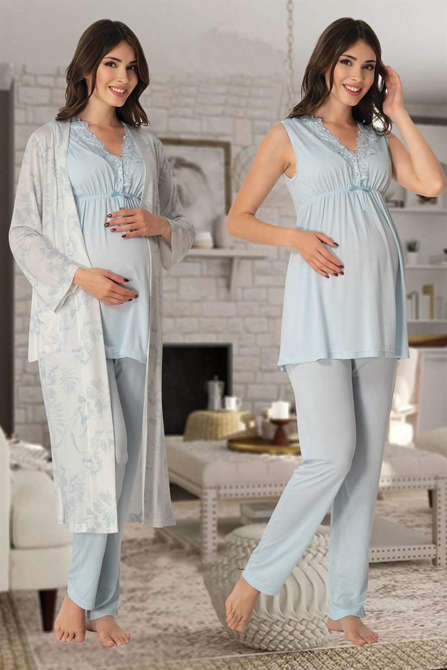 Effortt 8034 Mavi Sabahlıklı Lohusa Pijama Takımı