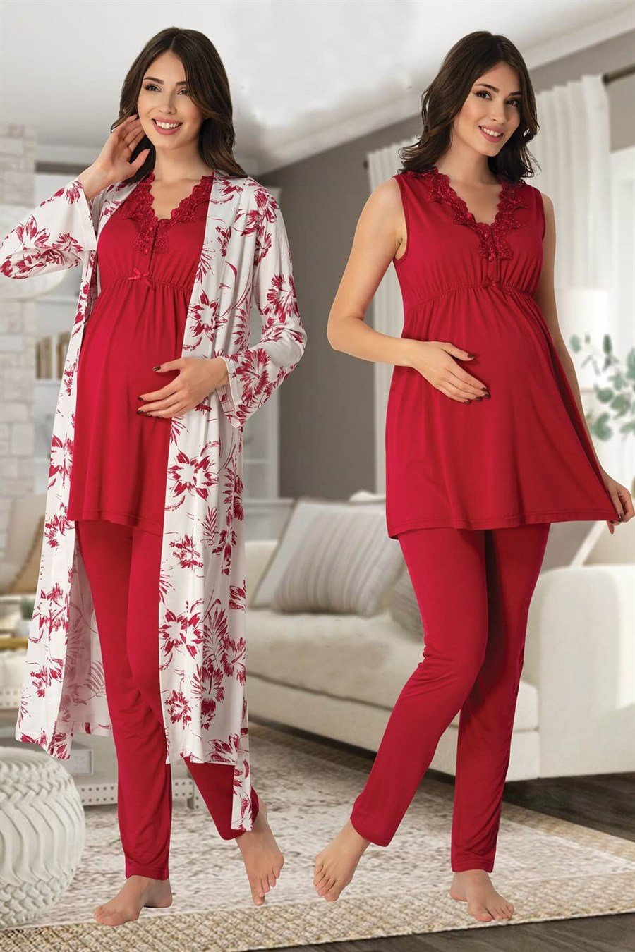 Effortt 8034 Vişne Sabahlıklı Lohusa Pijama Takımı