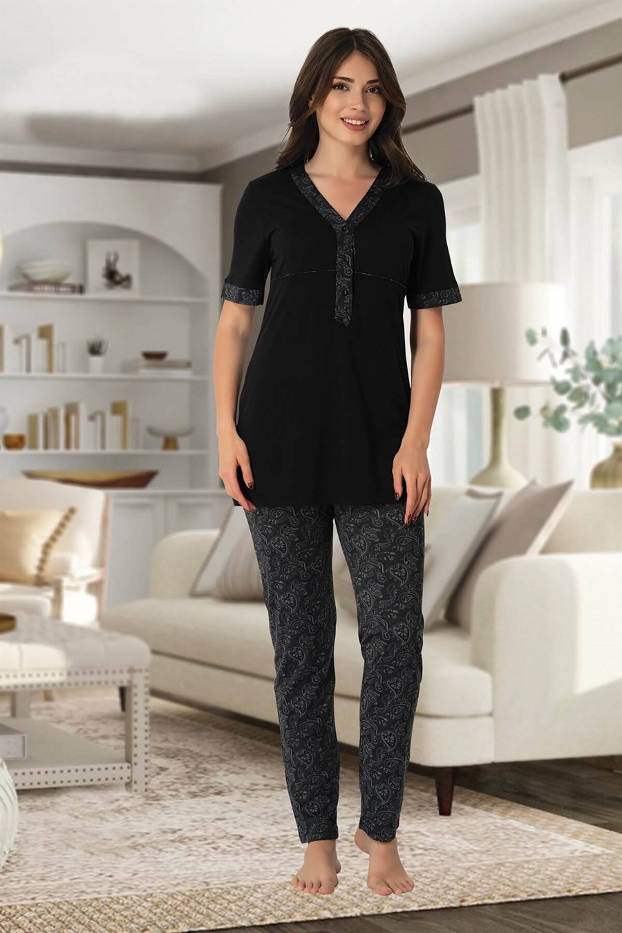 Effortt 8052 Siyah Desenli Lohusa Pijama Takımı