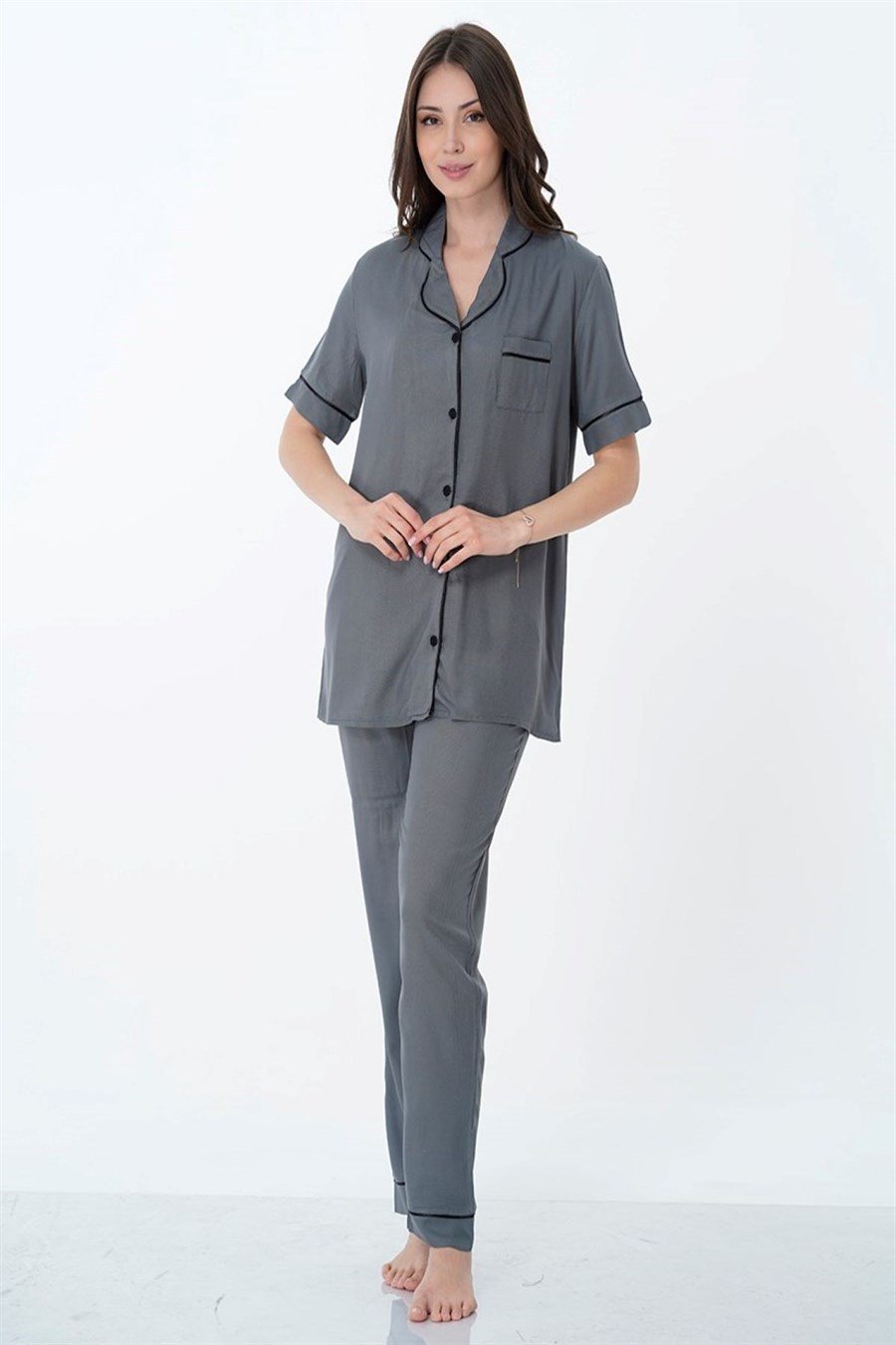 Effortt 8069 Füme Önden Düğmeli Pijama Takımı