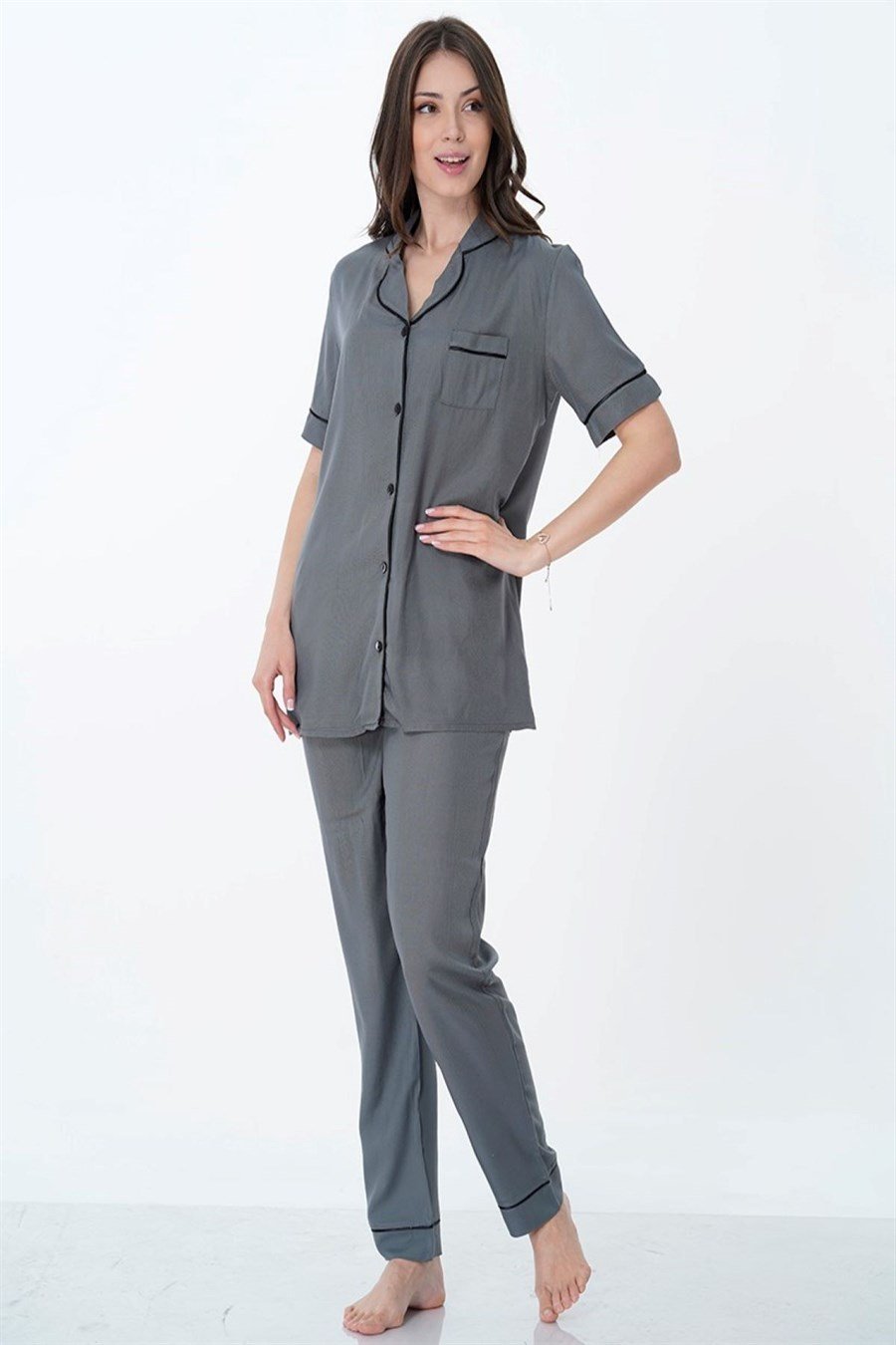 Effortt 8069 Füme Önden Düğmeli Pijama Takımı