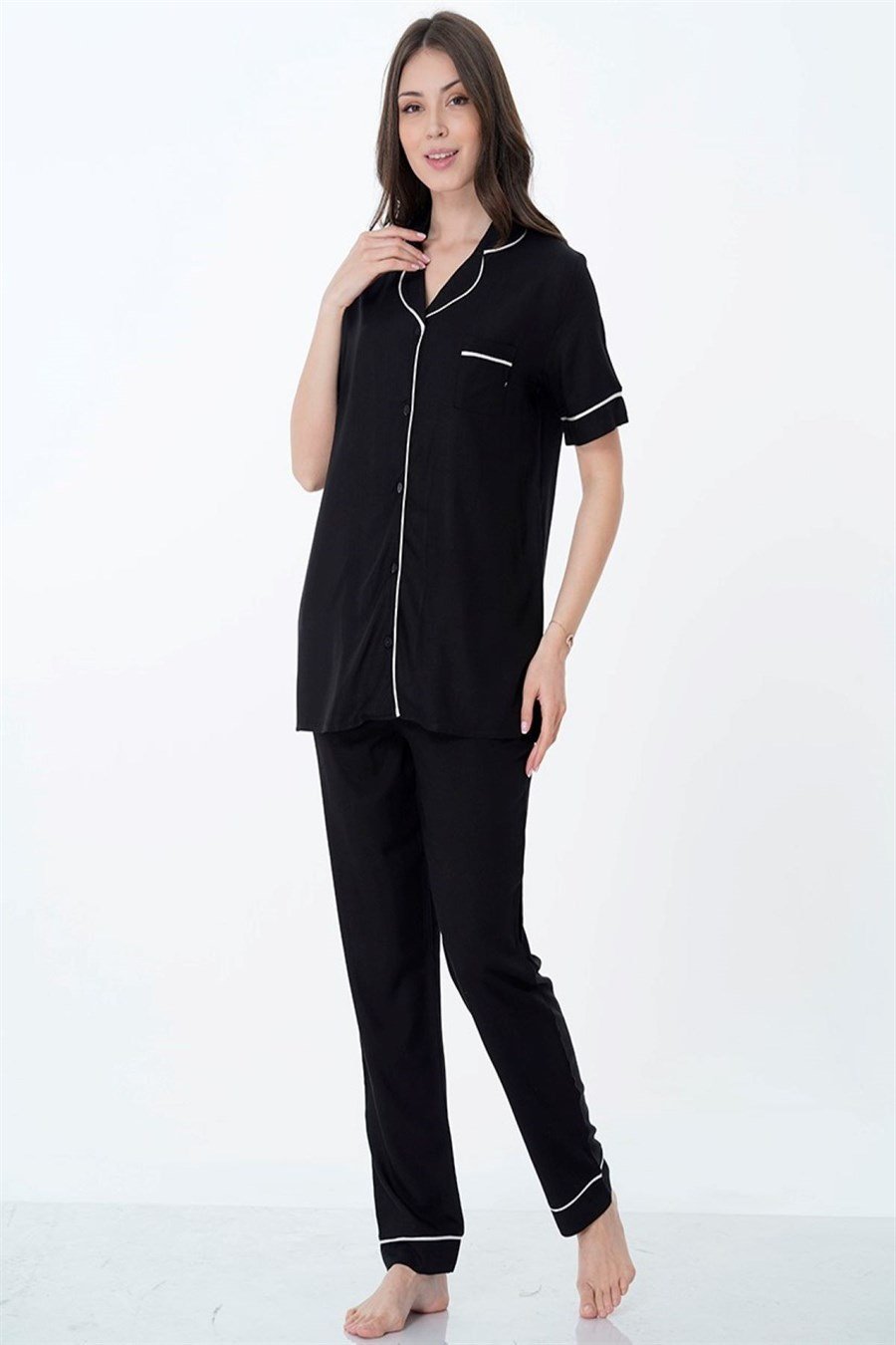 Effortt 8069 Siyah Önden Düğmeli Pijama Takımı