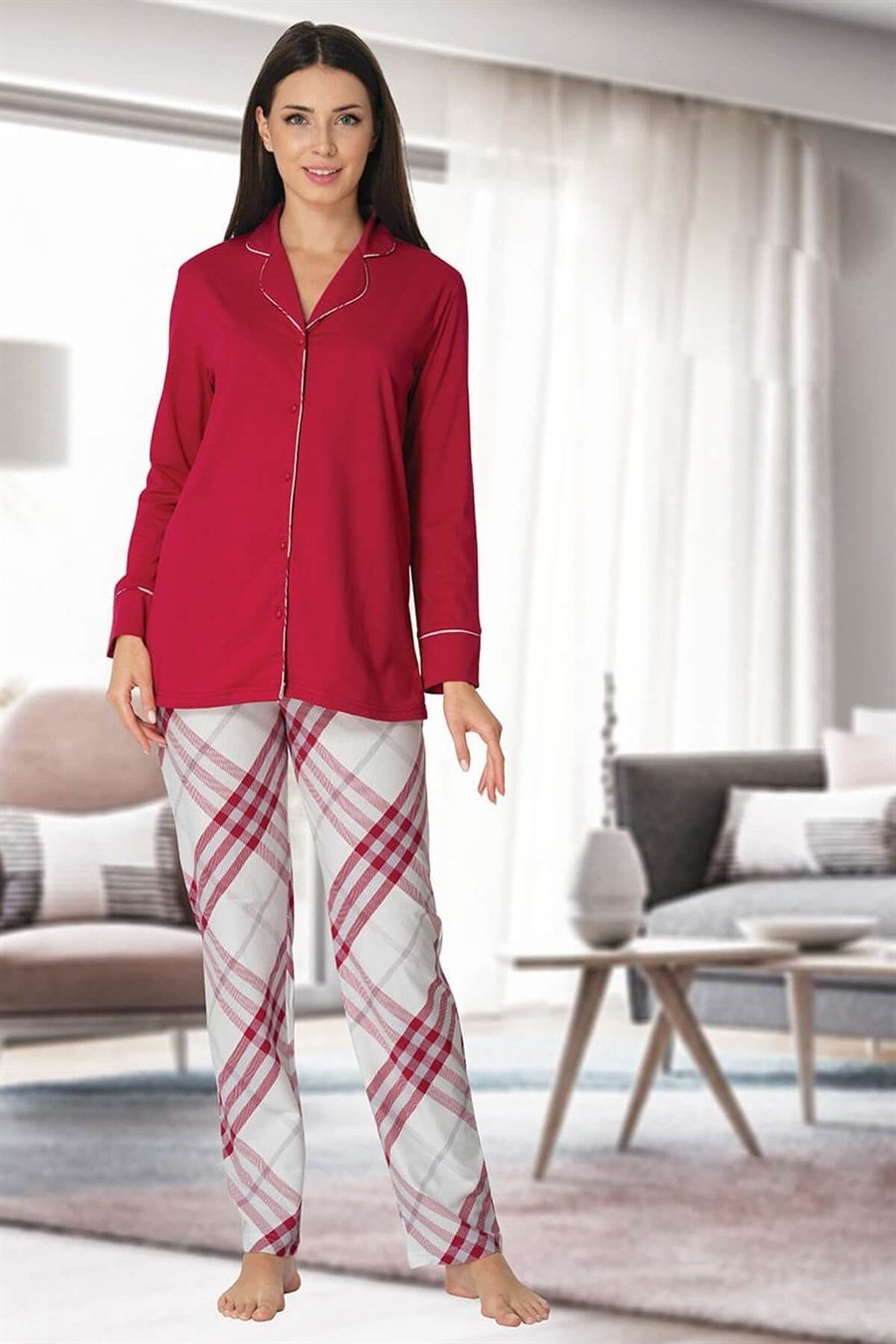 Effortt 8072 Kırmızı Önden Düğmeli Lohusa Pijama