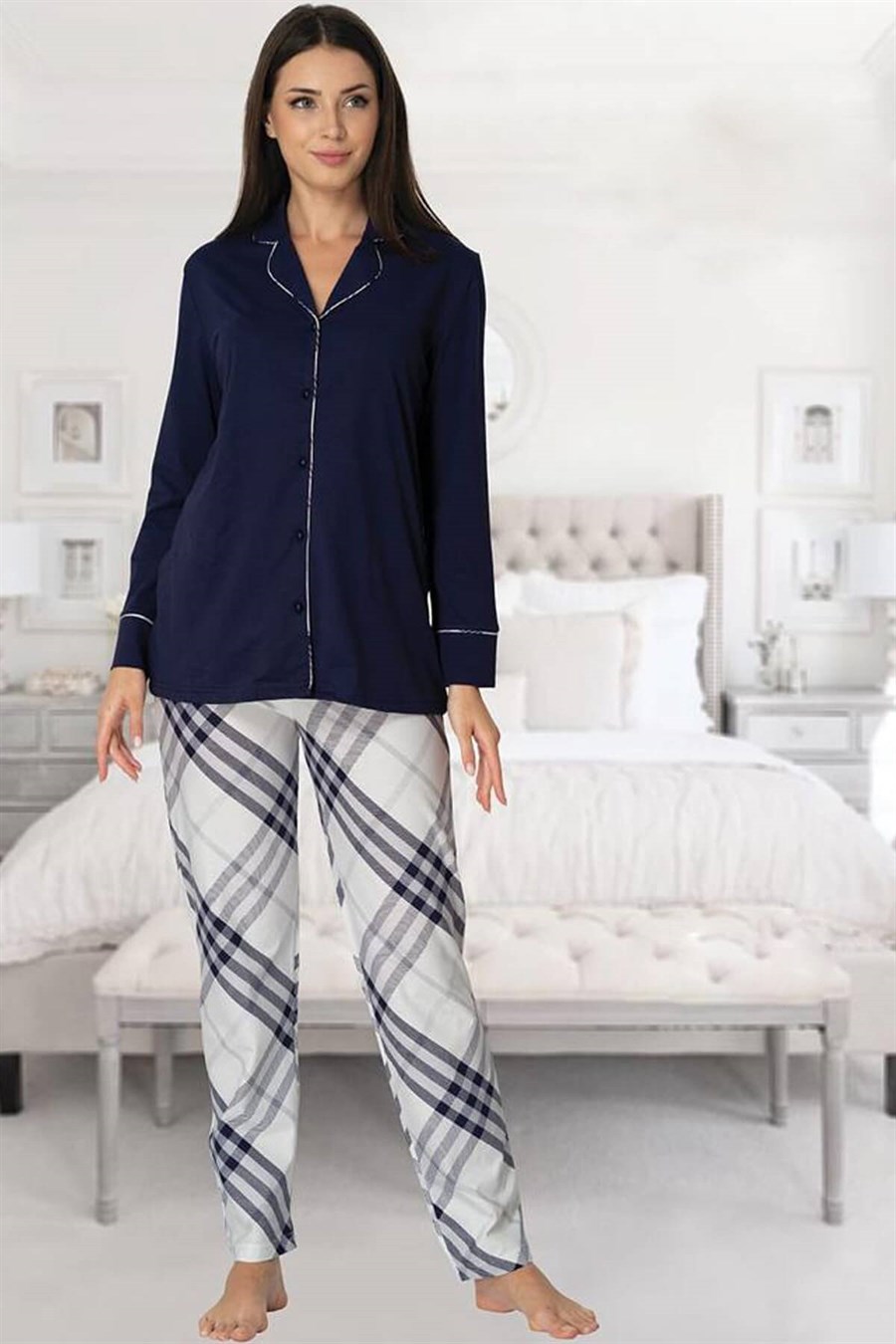 Effortt 8072 Lacivert Önden Düğmeli Lohusa Pijama