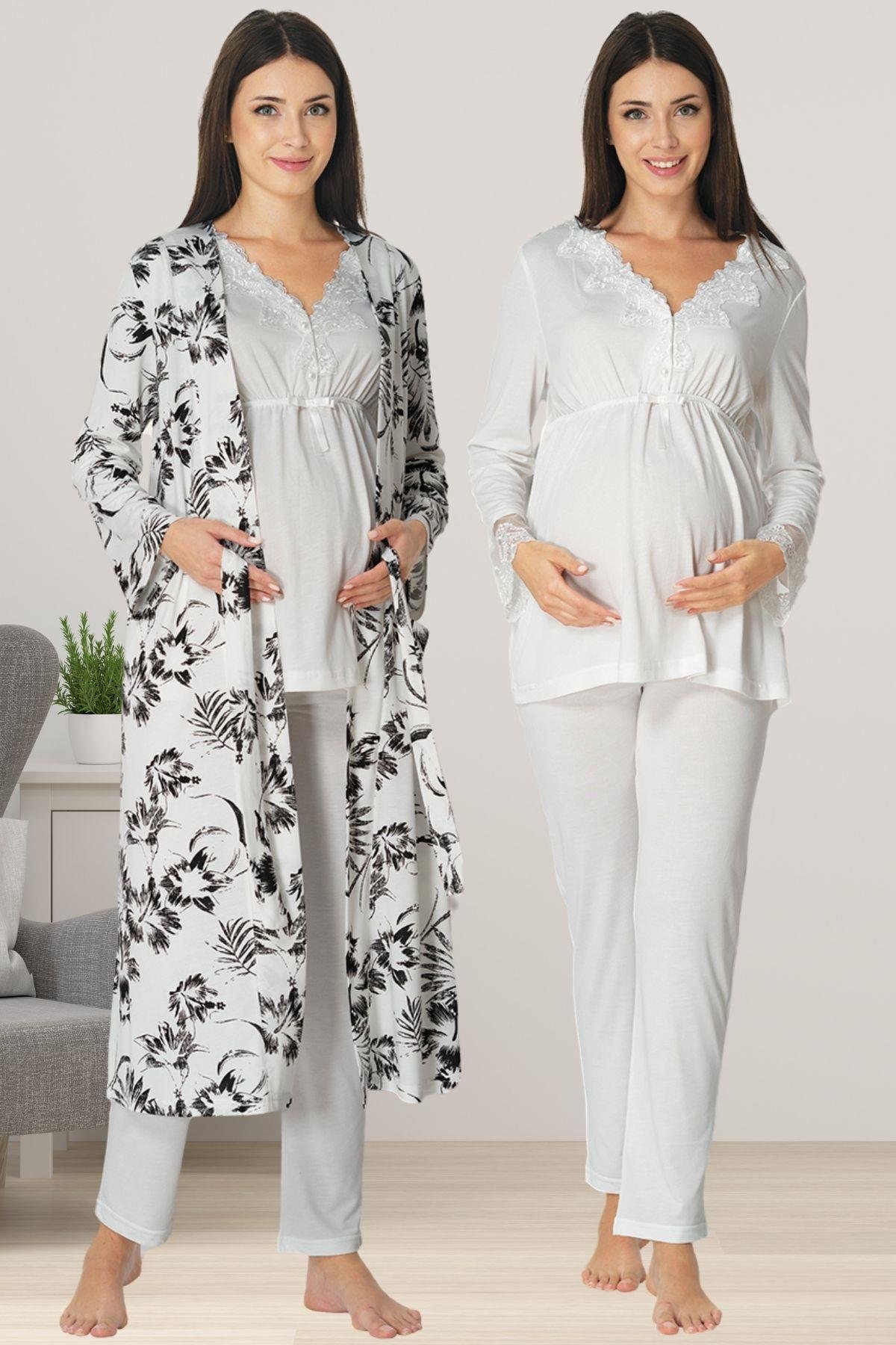 Effortt 8094 Ekru Sabahlıklı Lohusa Pijama Takımı