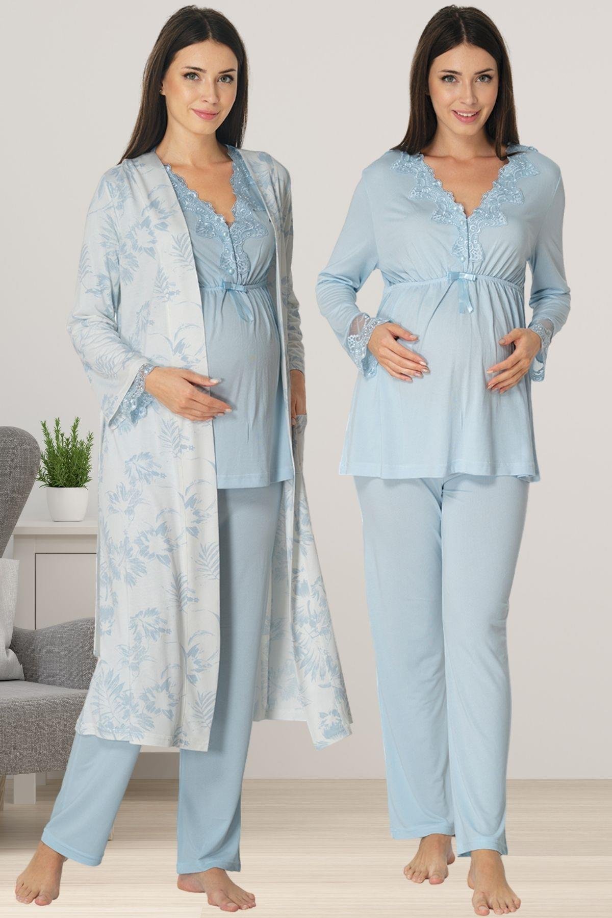 Effortt 8094 Mavi Sabahlıklı Lohusa Pijama Takımı