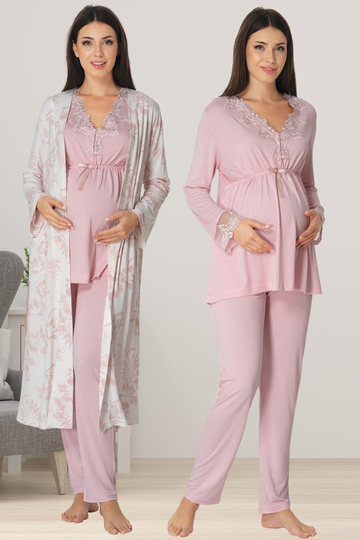 Effortt 8094 Pudra Sabahlıklı Lohusa Pijama Takımı