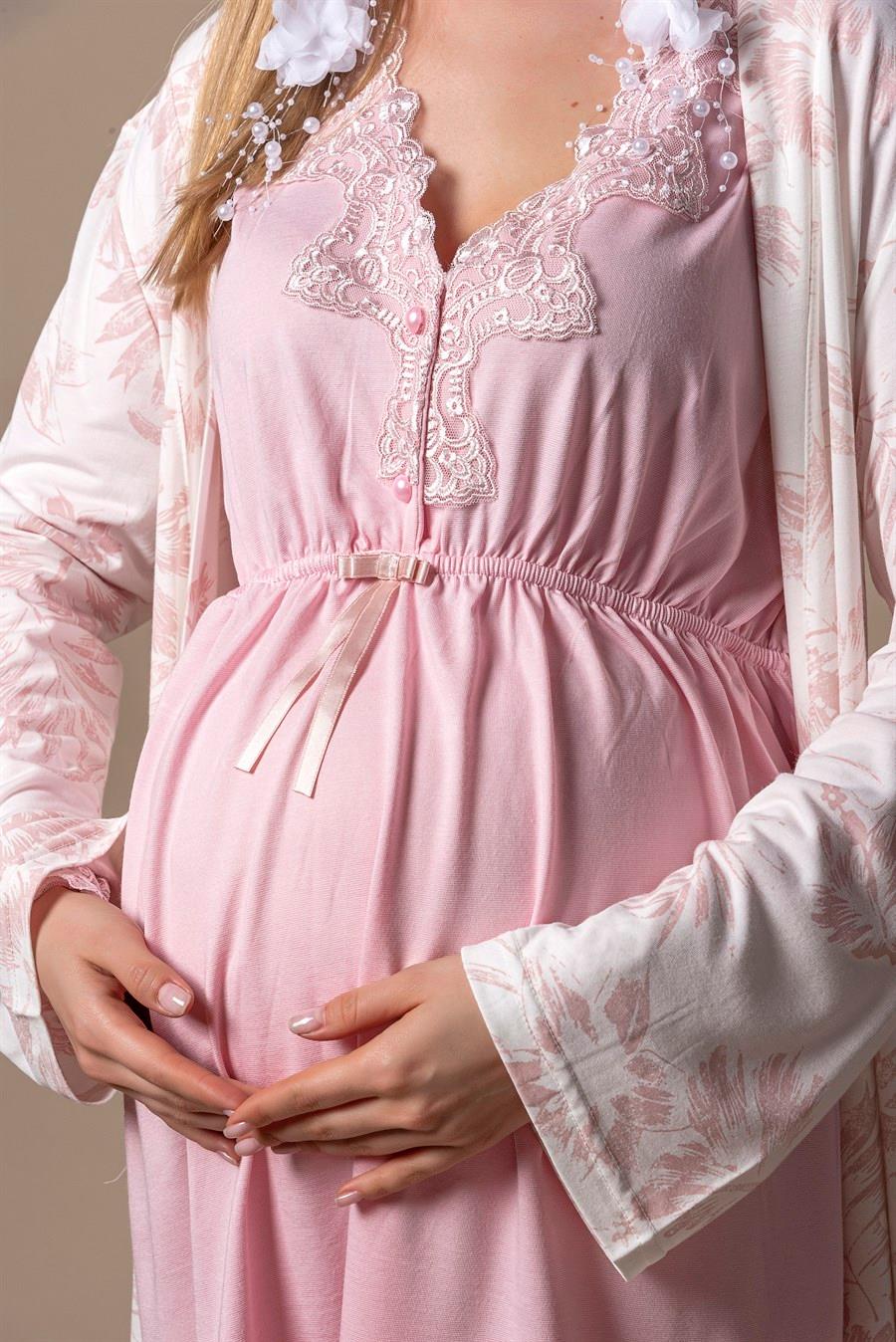 Effortt 8094 Pudra Sabahlıklı Lohusa Pijama Takımı