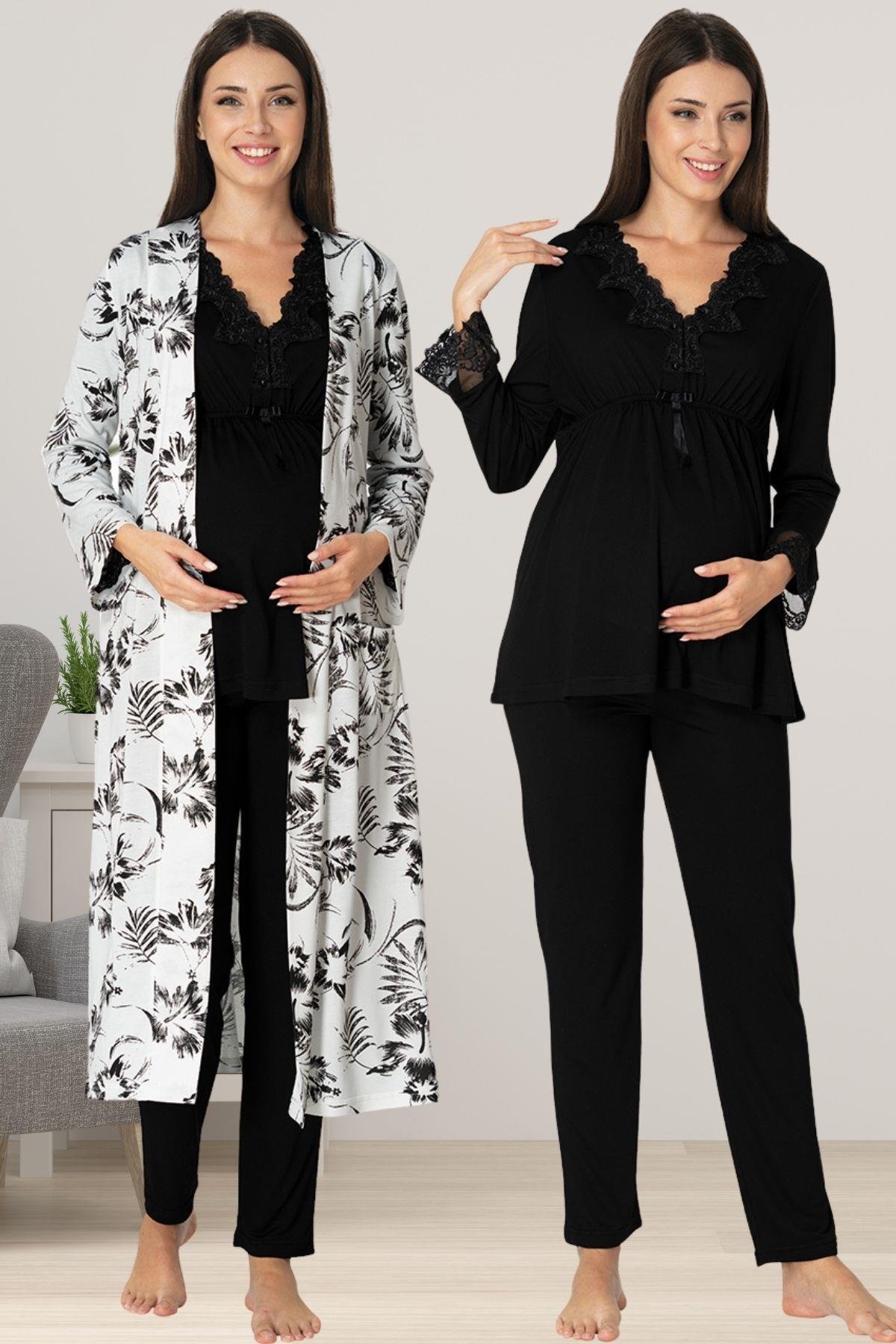 Effortt 8094 Siyah Sabahlıklı Lohusa Pijama Takımı