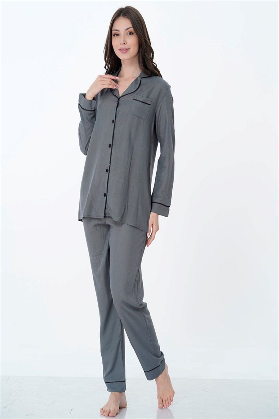 Effortt 8097 Füme Önden Düğmeli Hamile Lohusa Pijama Takımı