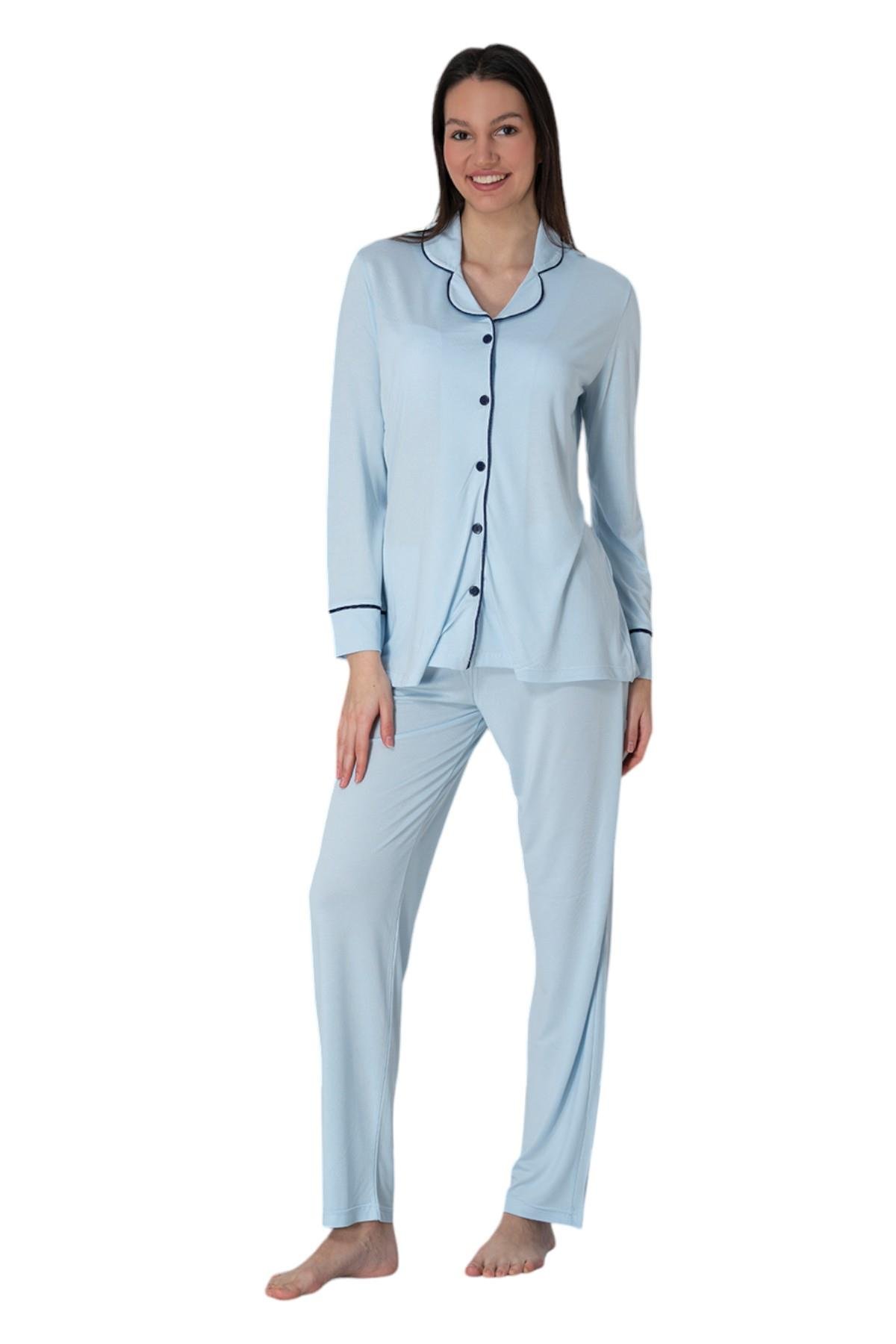 Effortt 8097 Mavi Önden Düğmeli Hamile Lohusa Pijama Takımı