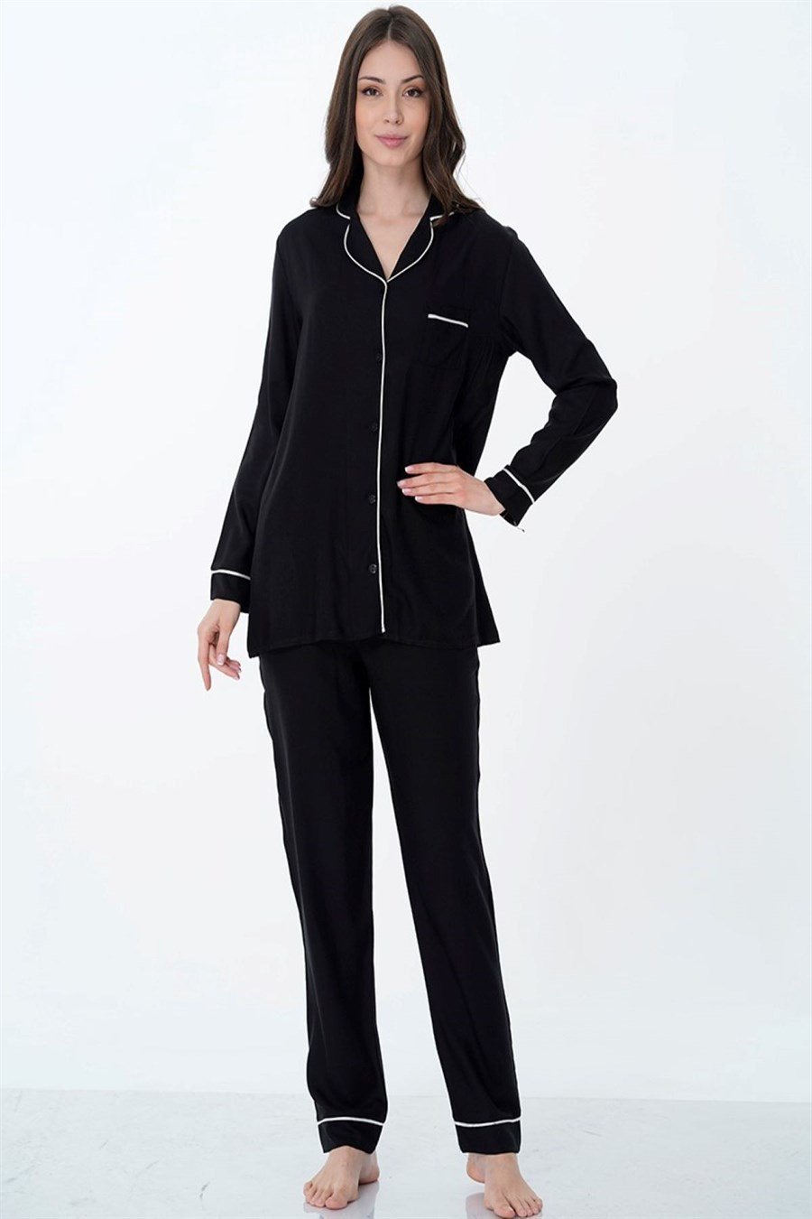 Effortt 8097 Siyah Önden Düğmeli Hamile Lohusa Pijama Takımı