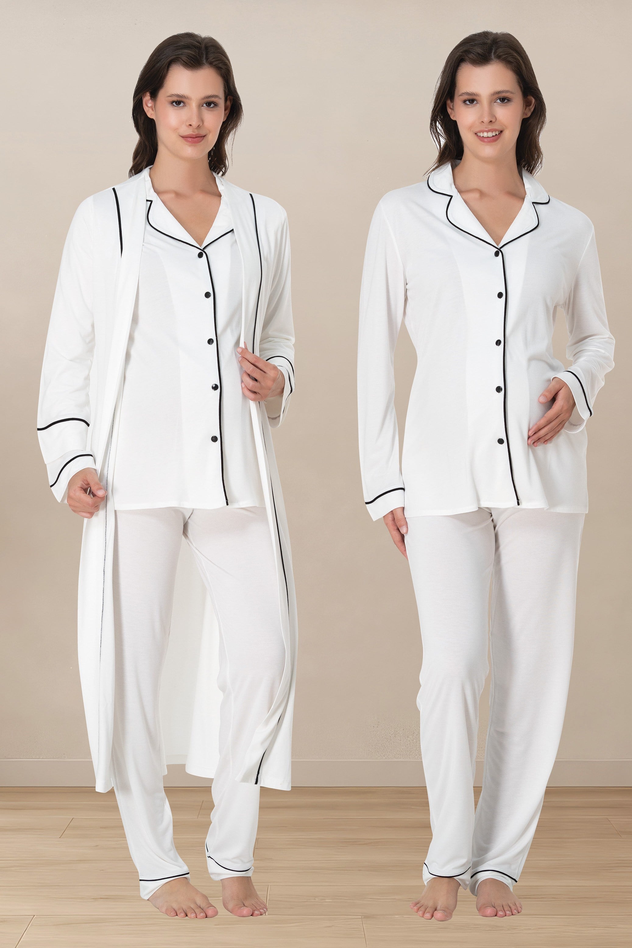 Effortt 8098 Ekru Yumuşak Dokulu Uzun Kol Düğmeli Pamuklu Sabahlıklı Hamile Lohusa Pijama Takımı