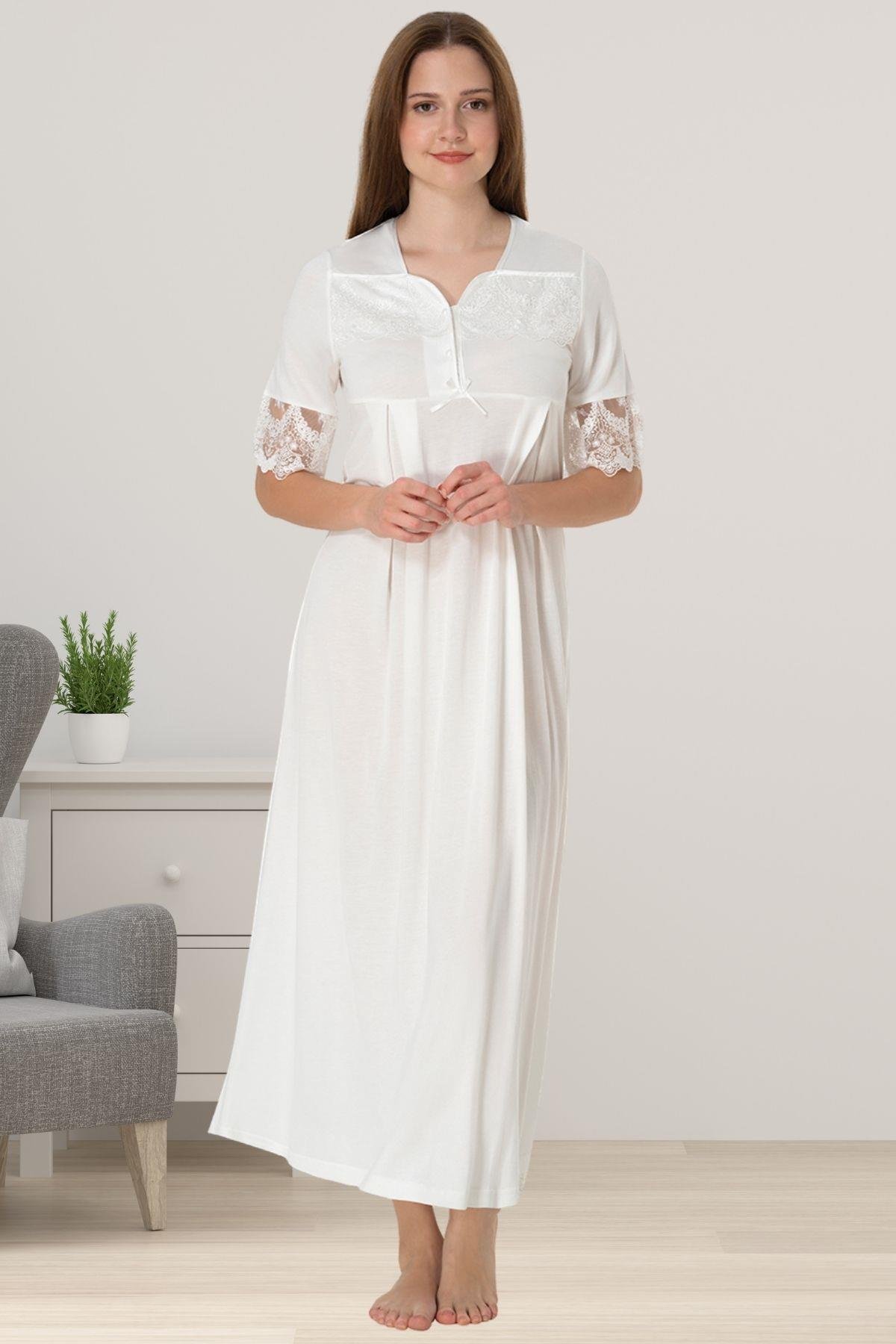 Effortt 9013 Ekru Dantelli Kısa Kol Hamile Lohusa Gecelik