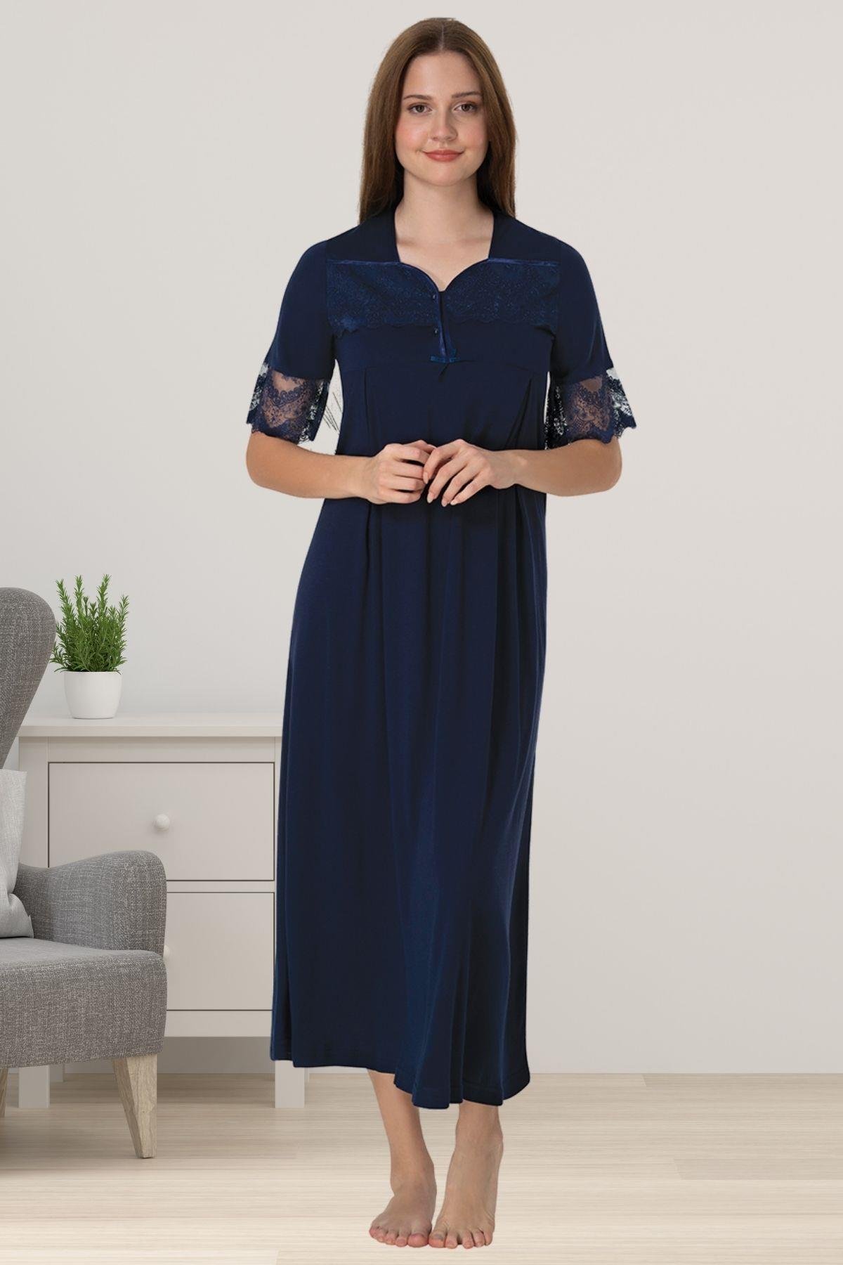 Effortt 9013 Lacivert Dantelli Kısa Kol Hamile Lohusa Gecelik