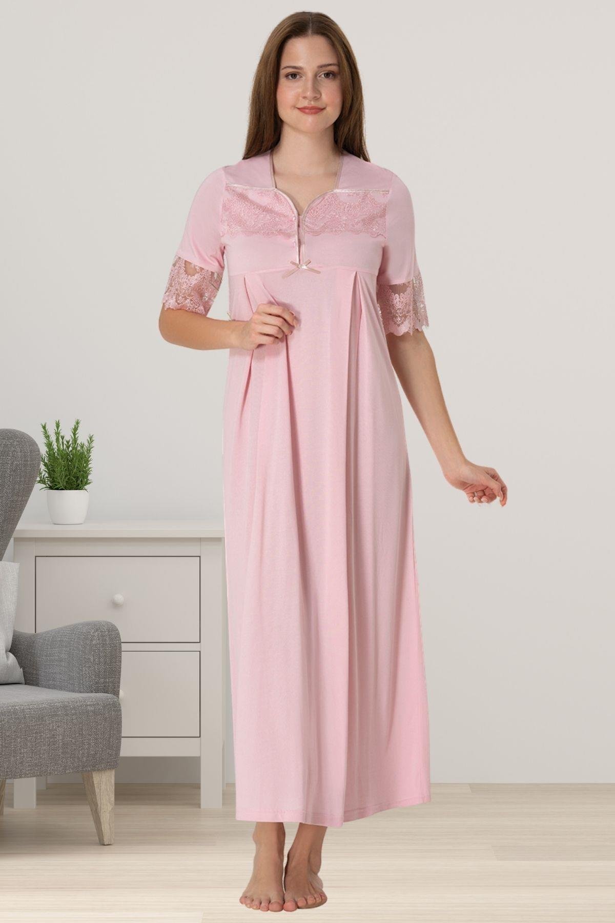 Effortt 9013 Pembe Dantelli Kısa Kol Hamile Lohusa Gecelik