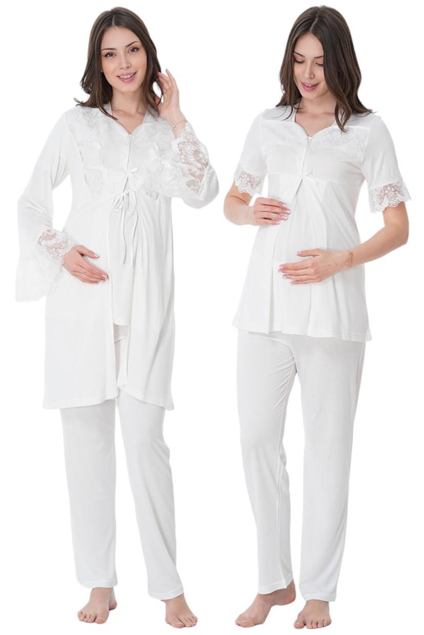 Effortt 9014 Ekru Sabahlıklı Lohusa Pijama Takımı