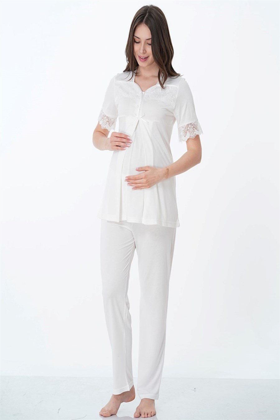 Effortt 9014 Ekru Sabahlıklı Lohusa Pijama Takımı