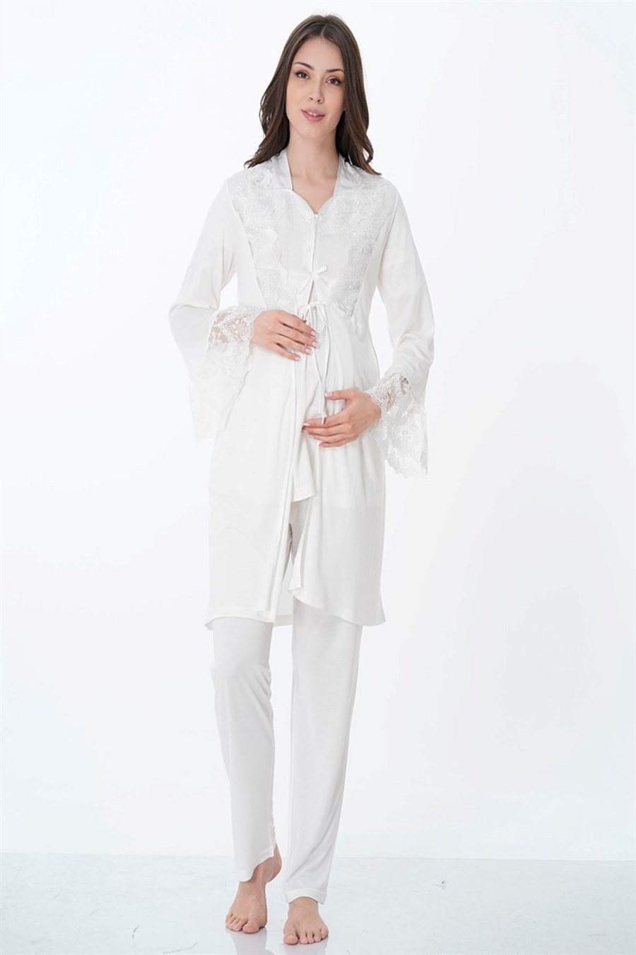 Effortt 9014 Ekru Sabahlıklı Lohusa Pijama Takımı