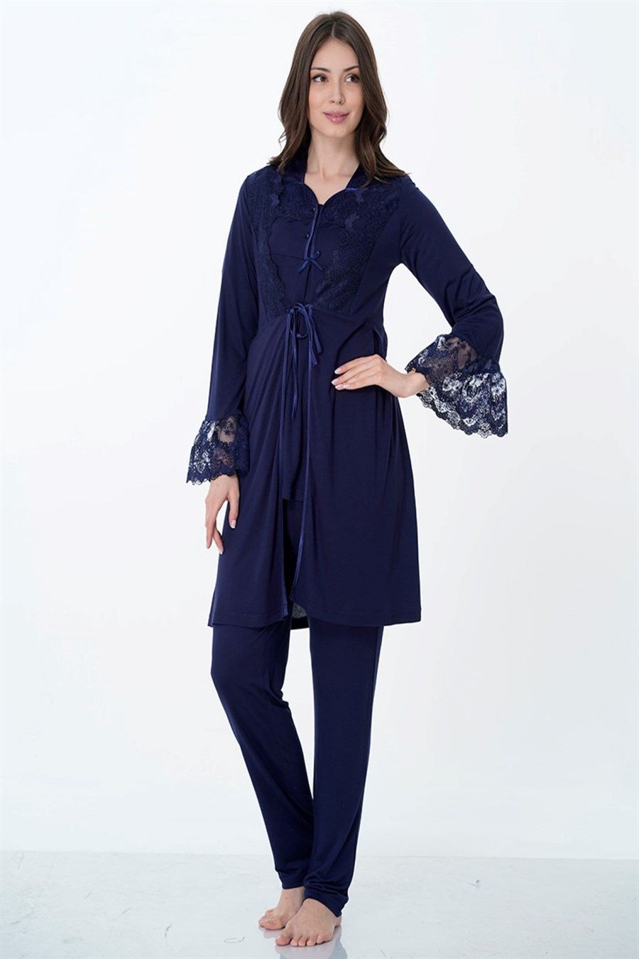 Effortt 9014 Lacivert Sabahlıklı Lohusa Pijama Takımı